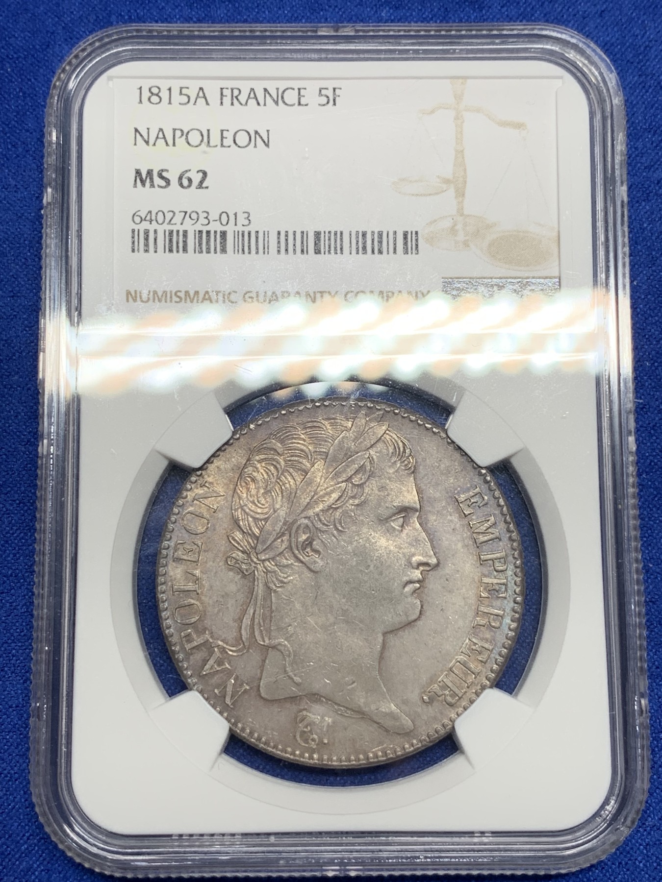 《竞宝斋》第194场-周日，周一 2场 (全场包邮) 名誉品 NGC MS62 法国 1815年 拿破仑一世 百日王朝 5法郎银币 从3月20日返回法国到6月18日滑铁卢战败 不足百日 发行量极少 也是拿一收藏难点所在 不可错过