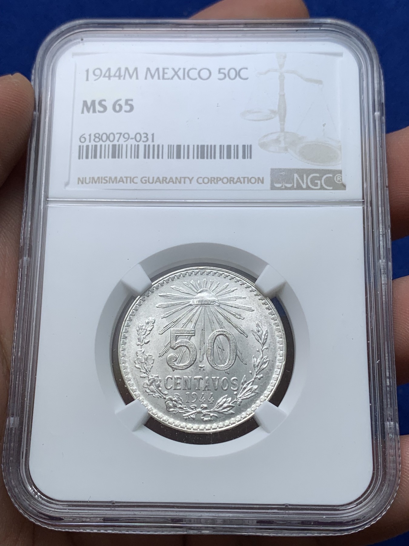 《竞宝斋》第194场-周日，周一 2场 (全场包邮) NGC-MS65 墨西哥1944年50分银币，光度一流