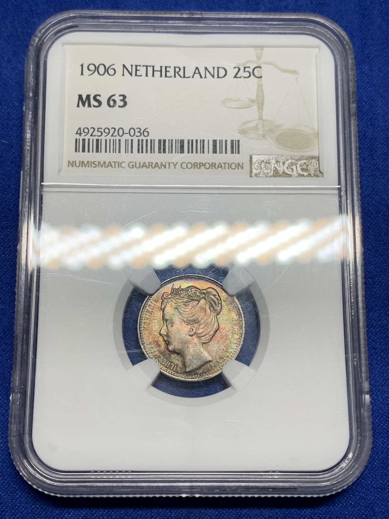 《竞宝斋》第194场-周日，周一 2场 (全场包邮) NGC-MS63 荷兰 1906年 25分 威廉敏娜 银币 经典头像 双面五彩 绝美包浆