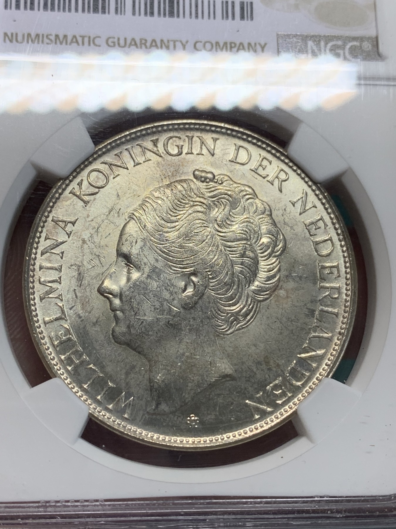 《竞宝斋》第194场-周日，周一 2场 (全场包邮) NGC UNC 荷属库拉索1944年威廉明娜2.5G大银币