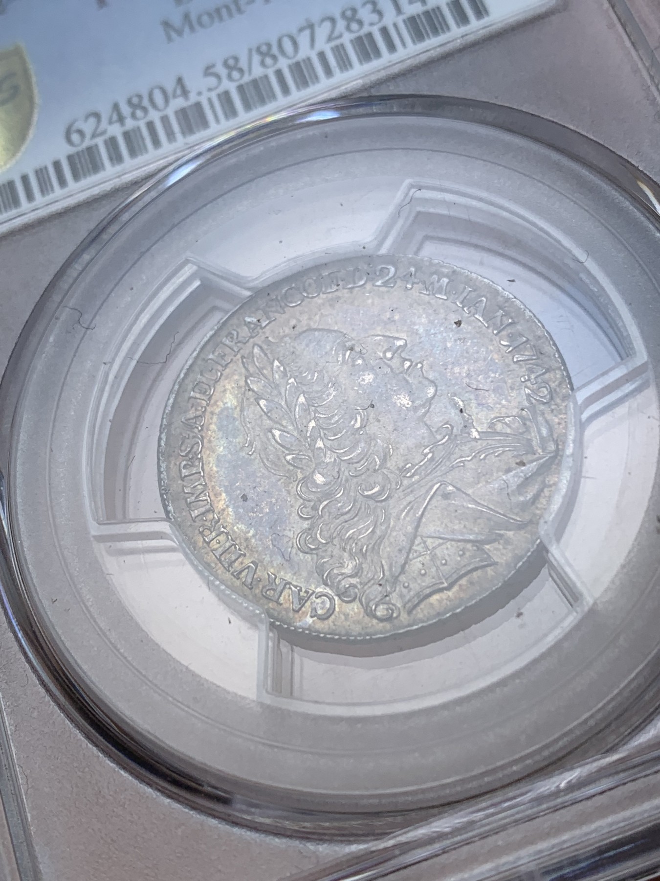《竞宝斋》第194场-周日，周一 2场 (全场包邮) PCGS AU58 德国 巴伐利亚 1742年 法国工艺铸造JETON银质代币 五彩包浆十分漂亮
