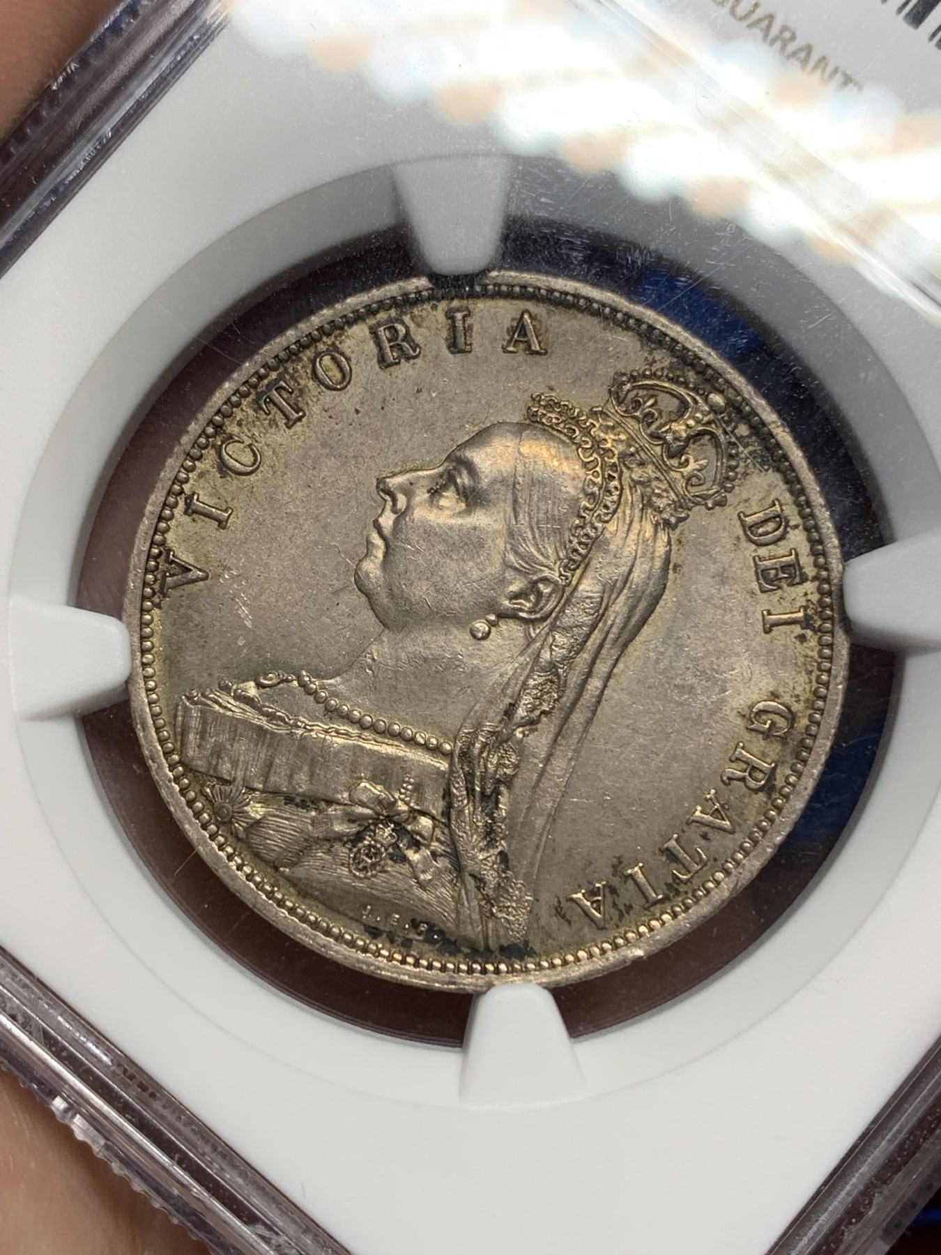 《竞宝斋》第194场-周日，周一 2场 (全场包邮) NGC-MS63 英国1887维多利亚 高冠半克朗银币 双面重彩 漂亮