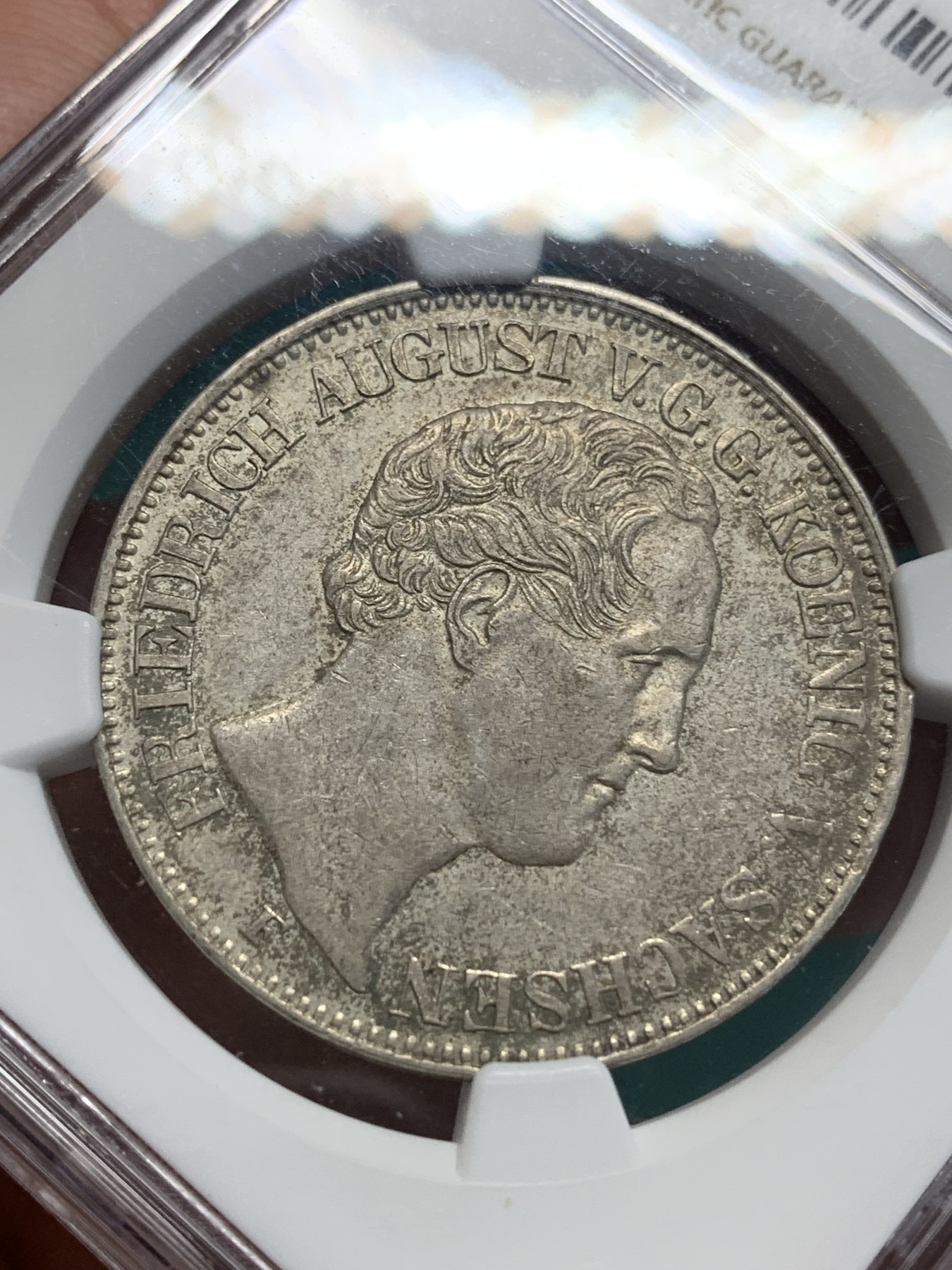《竞宝斋》第194场-周日，周一 2场 (全场包邮) NGC-AU50 德国 1852年 F厂 萨克森奥古斯特窗帘 流通1泰勒银币  原味五彩包浆 细节一流 上海N严评