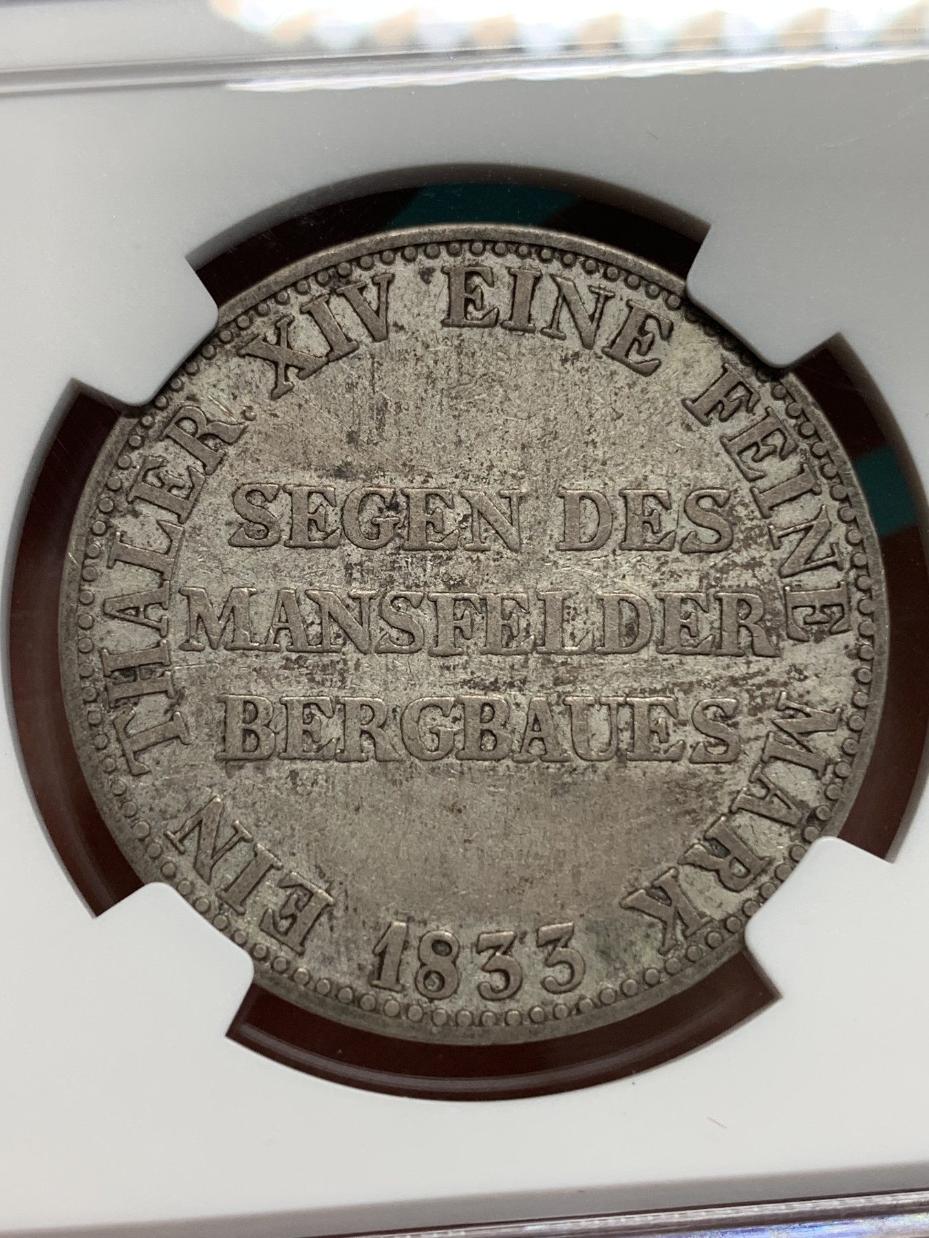 《竞宝斋》第194场-周日，周一 2场 (全场包邮) NGC-XF45 德国 1833年 A厂 普鲁士威廉三世 矿业祈福 1泰勒银币 少见品种 原味老彩 味道不错