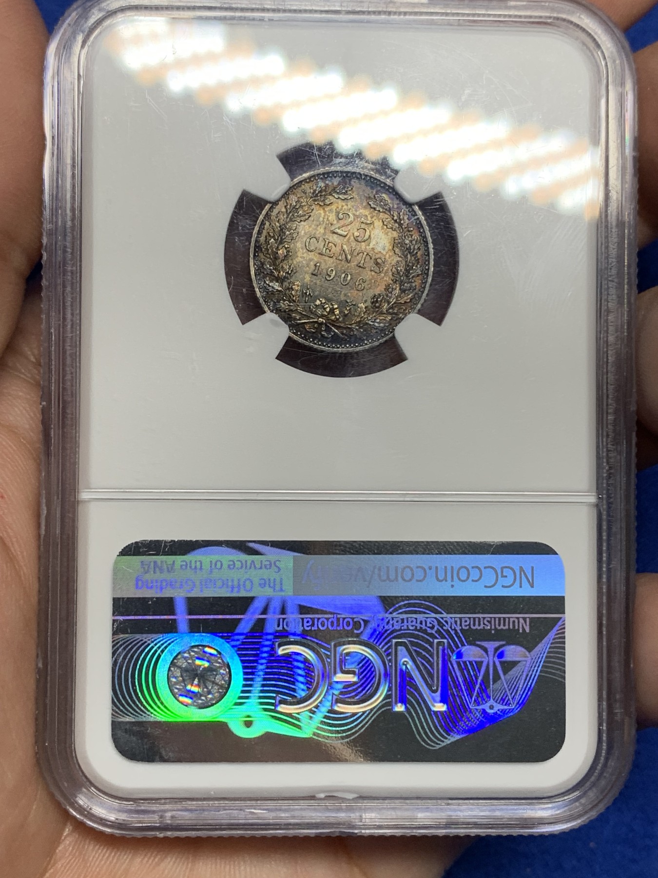 《竞宝斋》第194场-周日，周一 2场 (全场包邮) NGC-MS63 荷兰 1906年 25分 威廉敏娜 银币 经典头像 双面五彩 绝美包浆