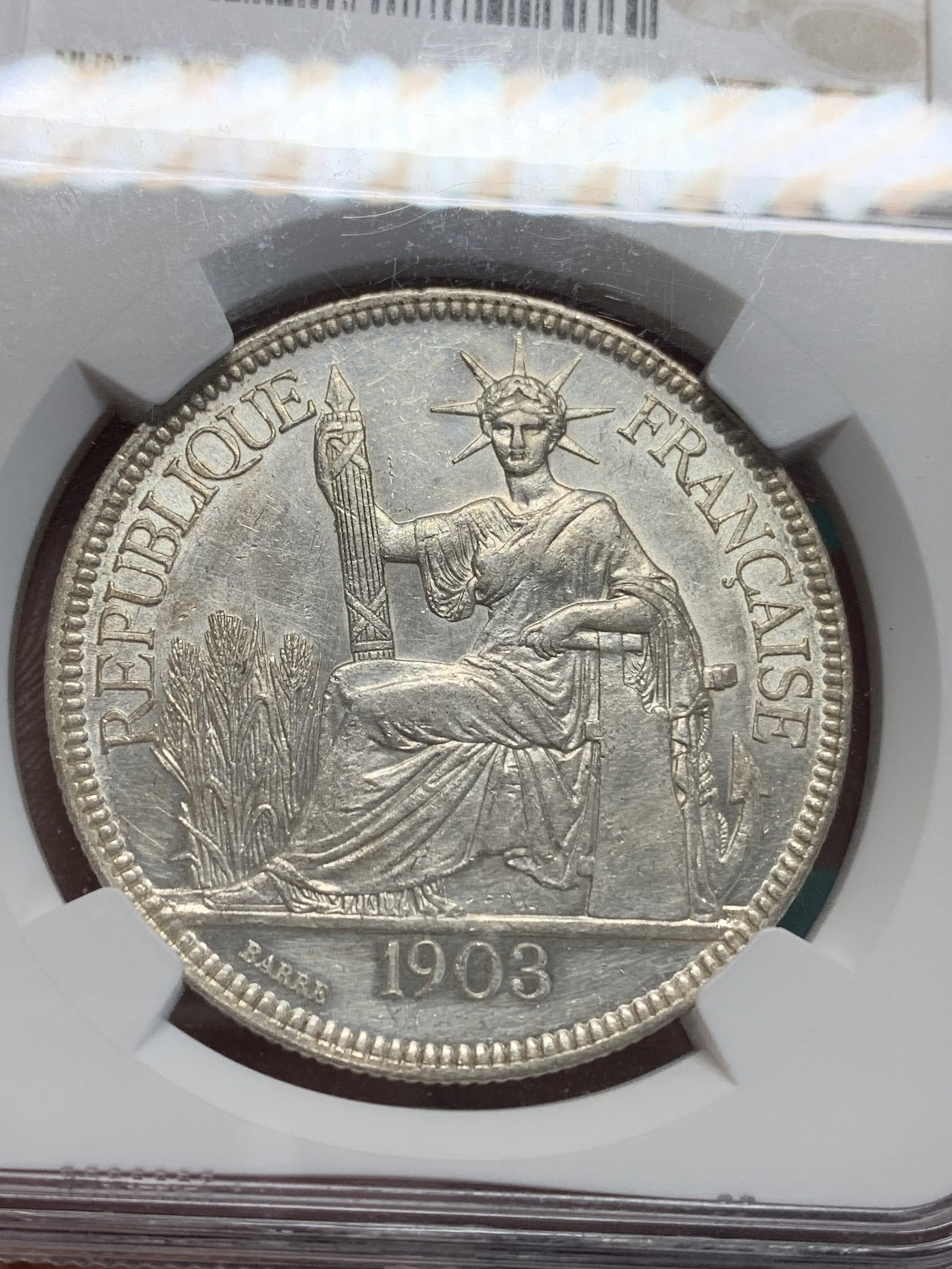 《竞宝斋》第194场-周日，周一 2场 (全场包邮) NGC UNC 法属 坐洋 1903年 1皮亚斯特银币 原光状态