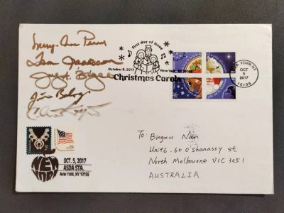 【第66期】莲池国际邮品拍卖 - 【美国】2017 圣诞节 套票原地首日实寄澳洲封 带首发式5位设计者及邮政人员签名
