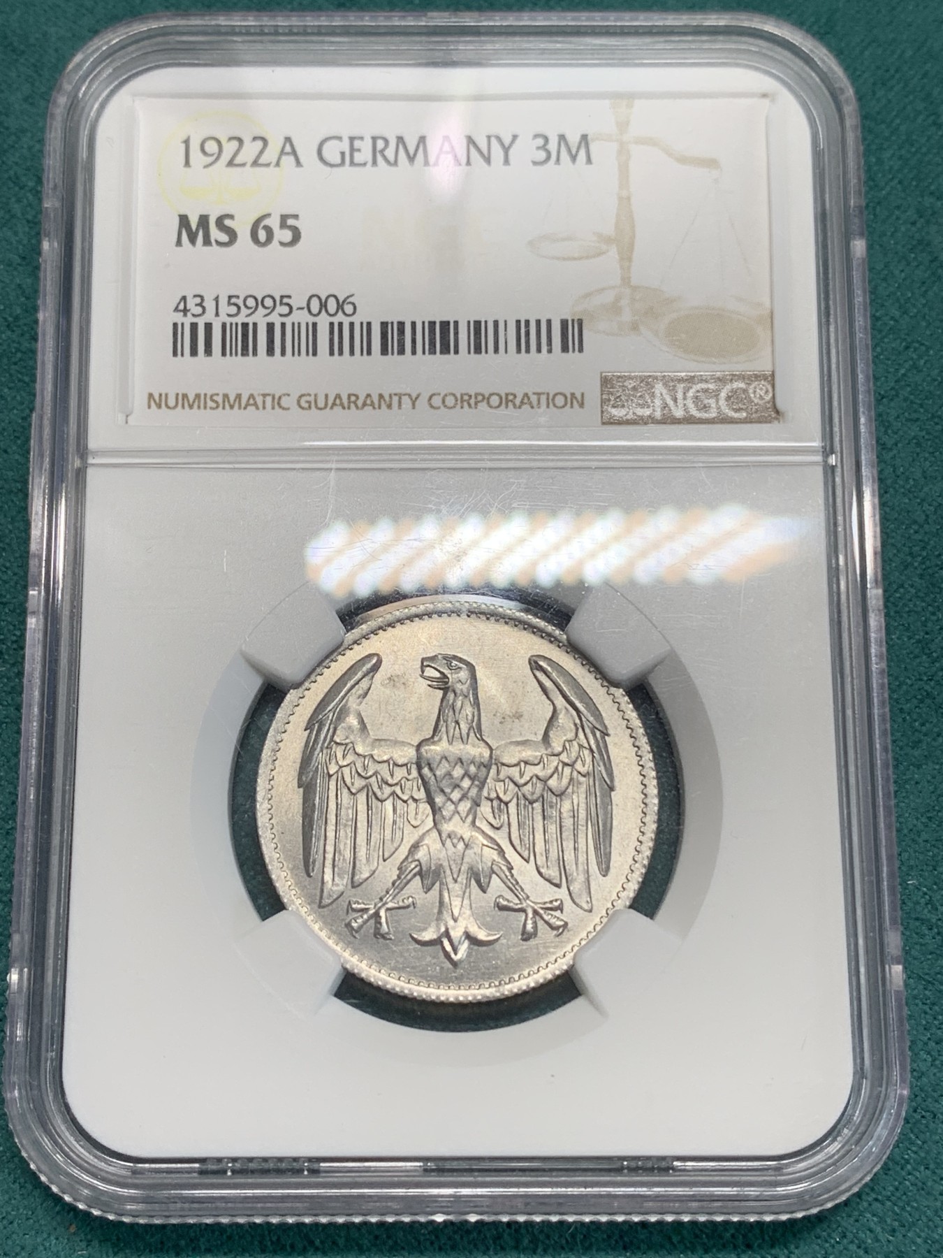 《竞宝斋》第194场-周日，周一 2场 (全场包邮) NGC MS65 德国1922年3马克铝币