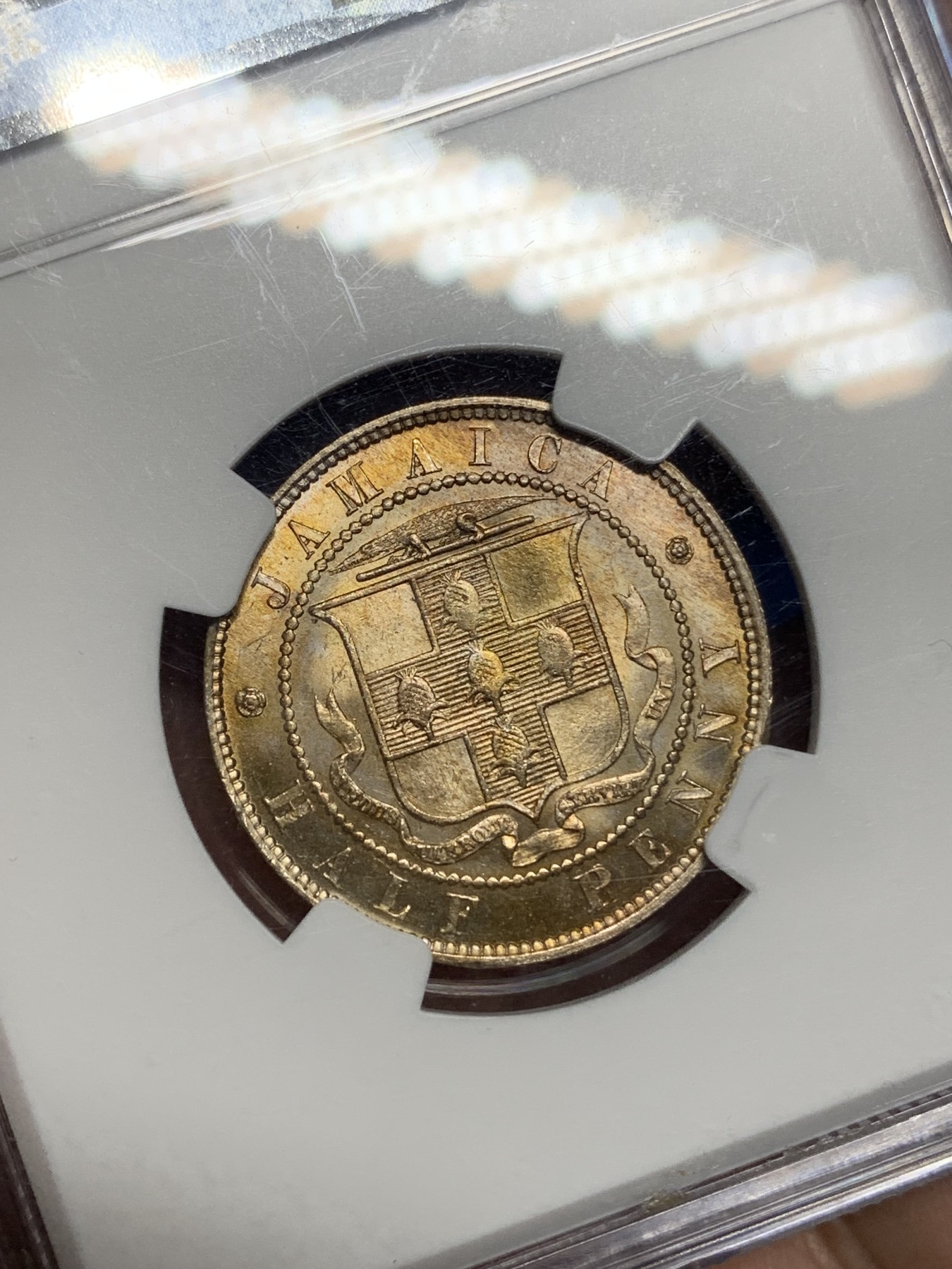 《竞宝斋》第194场-周日，周一 2场 (全场包邮) NGC-MS64 高分 牙买加1888年半便士铜镍币 转光好品