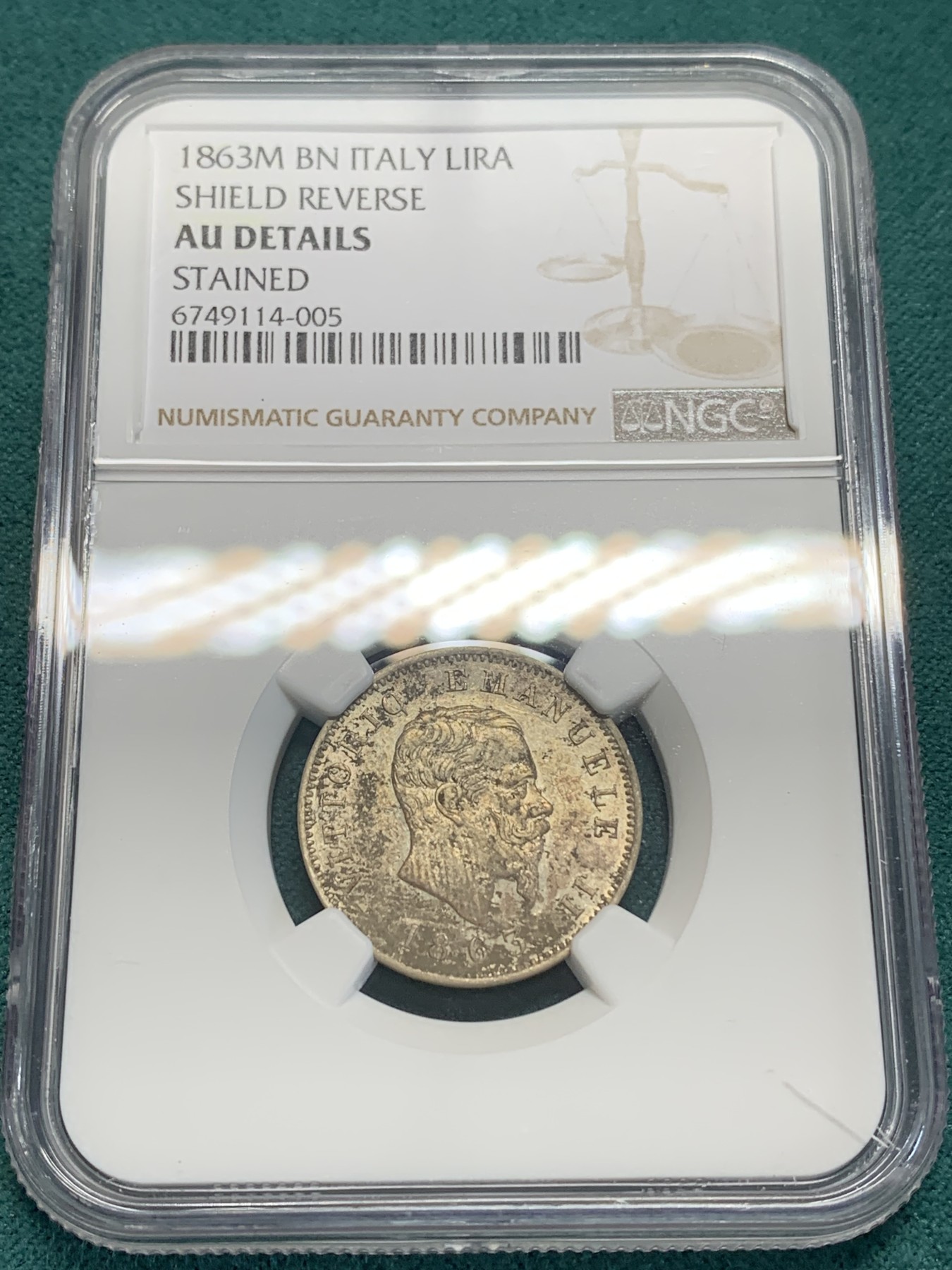《竞宝斋》第194场-周日，周一 2场 (全场包邮) NGC-AUD 意大利1863年1里拉银币 转光UNC状态