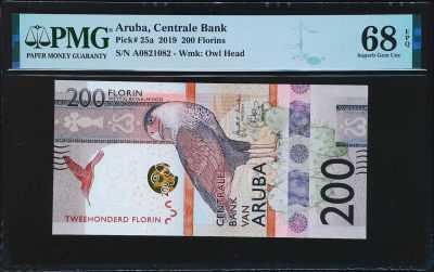 世界靓号纸钞第二十七期 - 2019年阿鲁巴最大面值200弗林 无3457 扁担号 PMG68超高分