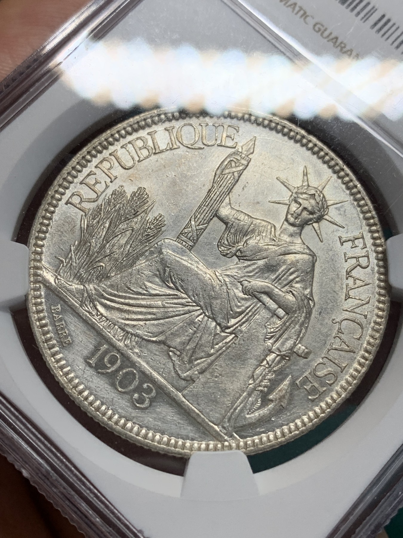 《竞宝斋》第194场-周日，周一 2场 (全场包邮) NGC UNC 法属 坐洋 1903年 1皮亚斯特银币 原光状态