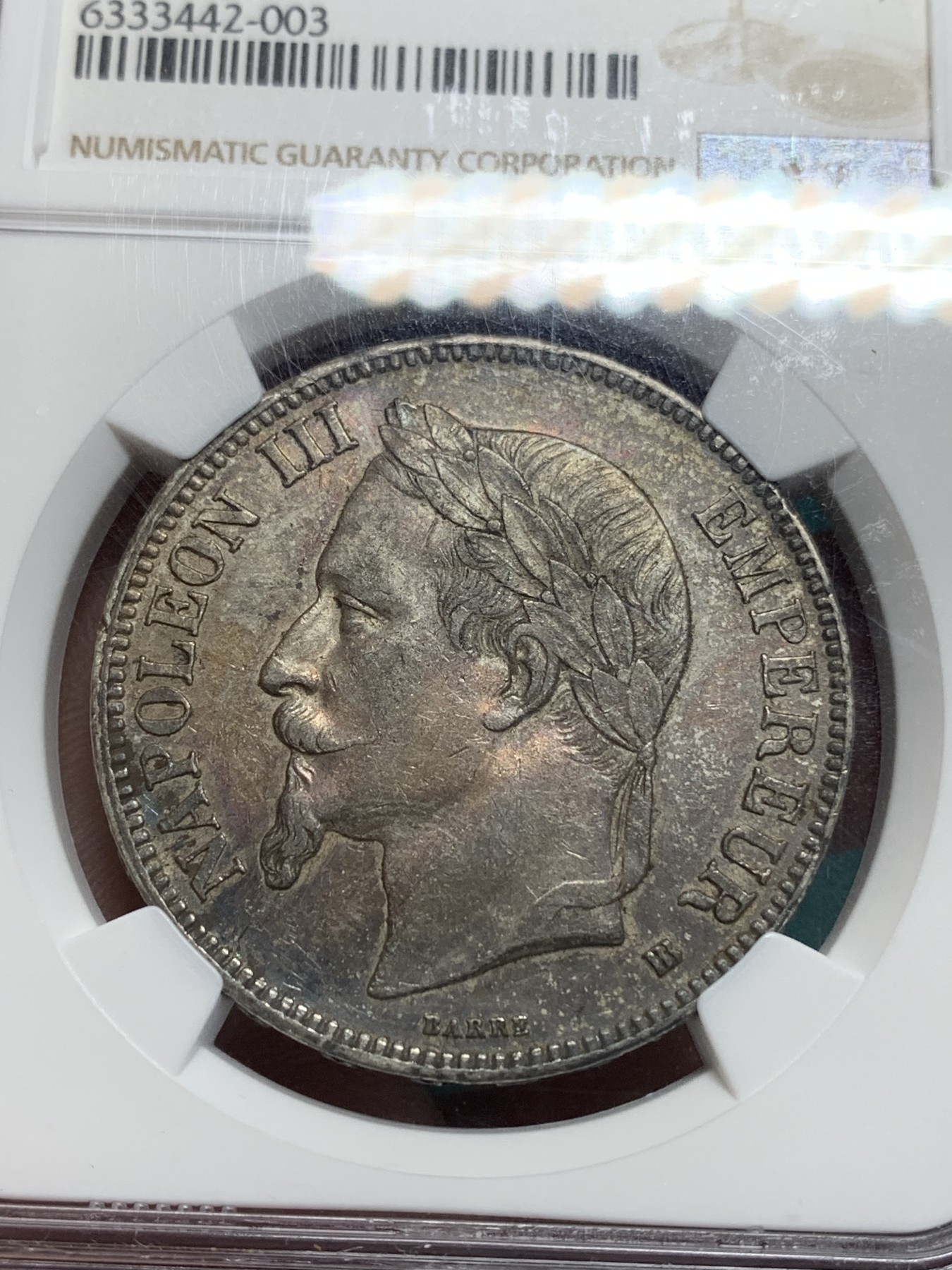 《竞宝斋》第194场-周日，周一 2场 (全场包邮) NGC AU53 法国1868年拿破仑三世5法郎银币 极品五彩 低评状态非常好 AU中的战斗机