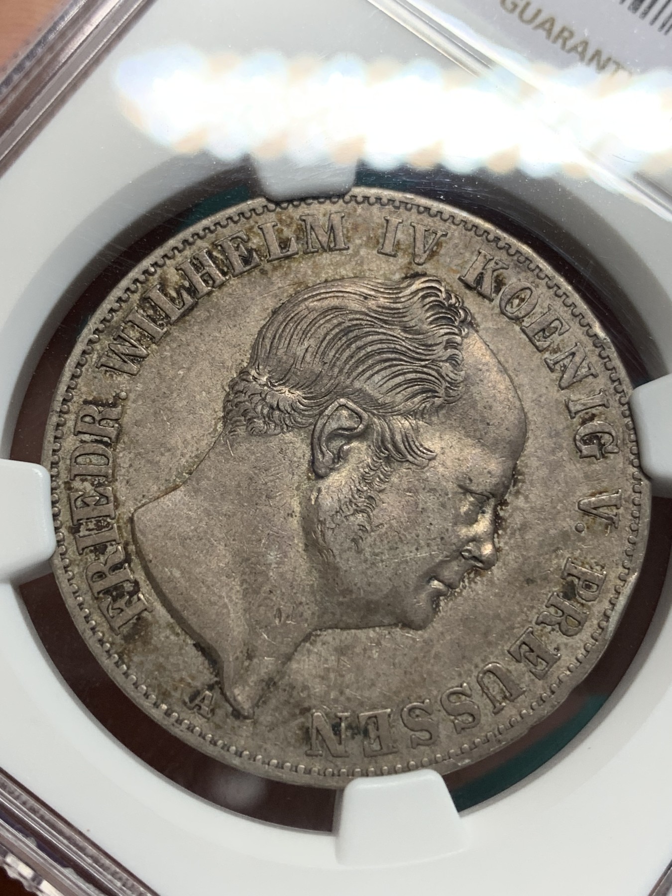 《竞宝斋》第194场-周日，周一 2场 (全场包邮) NGC-AU50 德国 1853年 A厂 普鲁士威廉四世洋葱头 矿业祈福 1泰勒银币 巧克力色老包浆 味道极佳 较少见