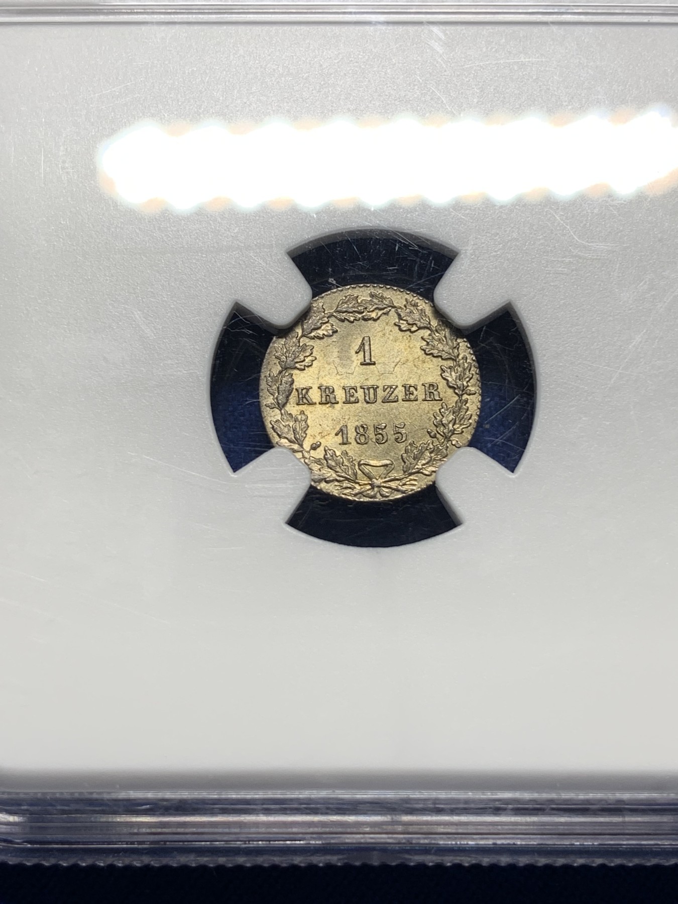 《竞宝斋》第194场-周日，周一 2场 (全场包邮) NGC-MS63 德国1855法兰克福1克鲁泽银币 黄金彩非常好看