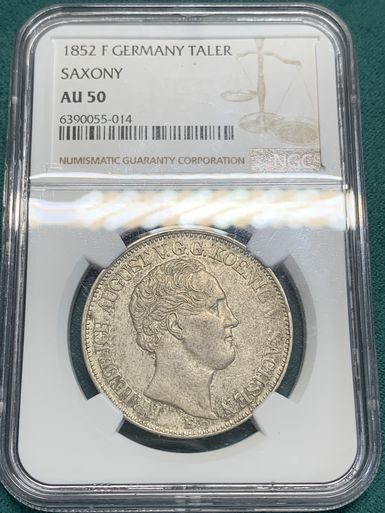 《竞宝斋》第194场-周日，周一 2场 (全场包邮) NGC-AU50 德国 1852年 F厂 萨克森奥古斯特窗帘 流通1泰勒银币  原味五彩包浆 细节一流 上海N严评