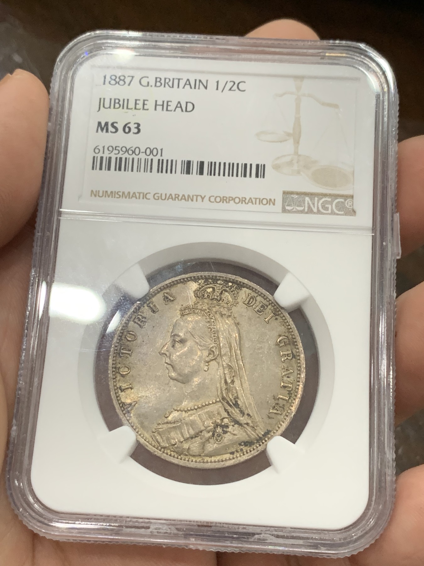《竞宝斋》第194场-周日，周一 2场 (全场包邮) NGC-MS63 英国1887维多利亚 高冠半克朗银币 双面重彩 漂亮