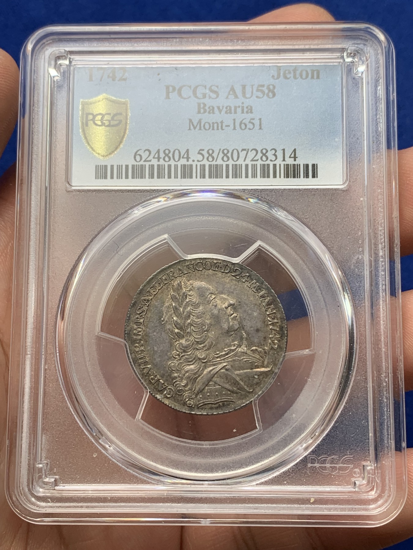 《竞宝斋》第194场-周日，周一 2场 (全场包邮) PCGS AU58 德国 巴伐利亚 1742年 法国工艺铸造JETON银质代币 五彩包浆十分漂亮