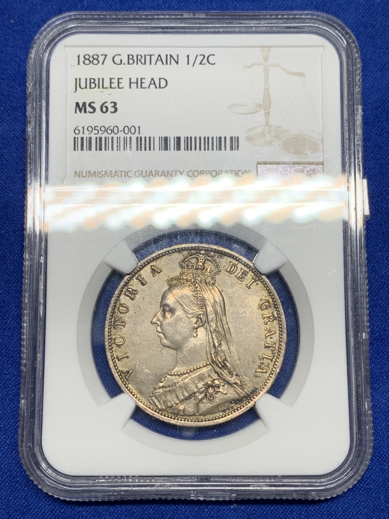 《竞宝斋》第194场-周日，周一 2场 (全场包邮) NGC-MS63 英国1887维多利亚 高冠半克朗银币 双面重彩 漂亮