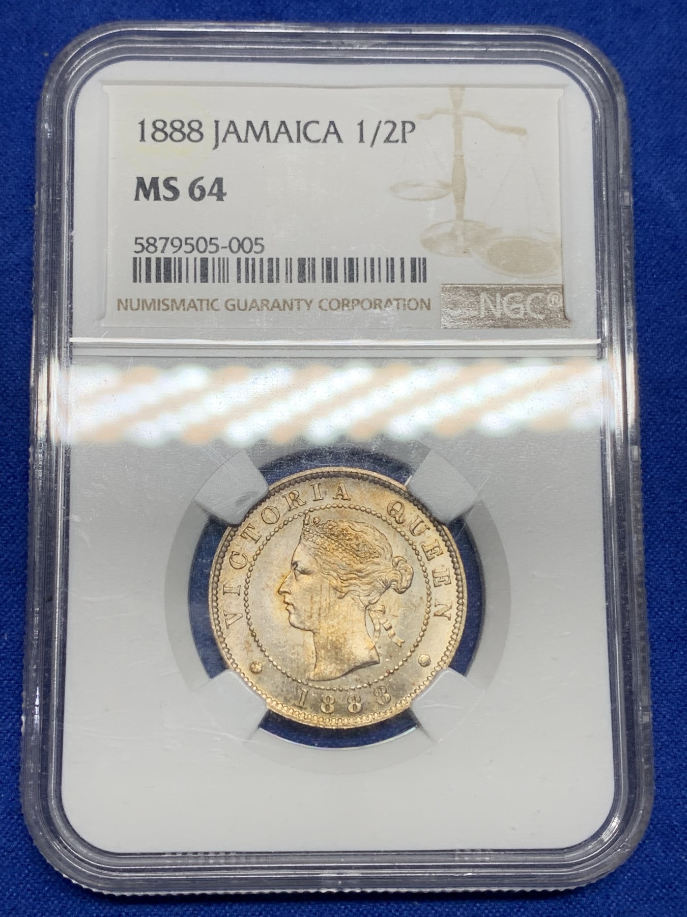 《竞宝斋》第194场-周日，周一 2场 (全场包邮) NGC-MS64 高分 牙买加1888年半便士铜镍币 转光好品