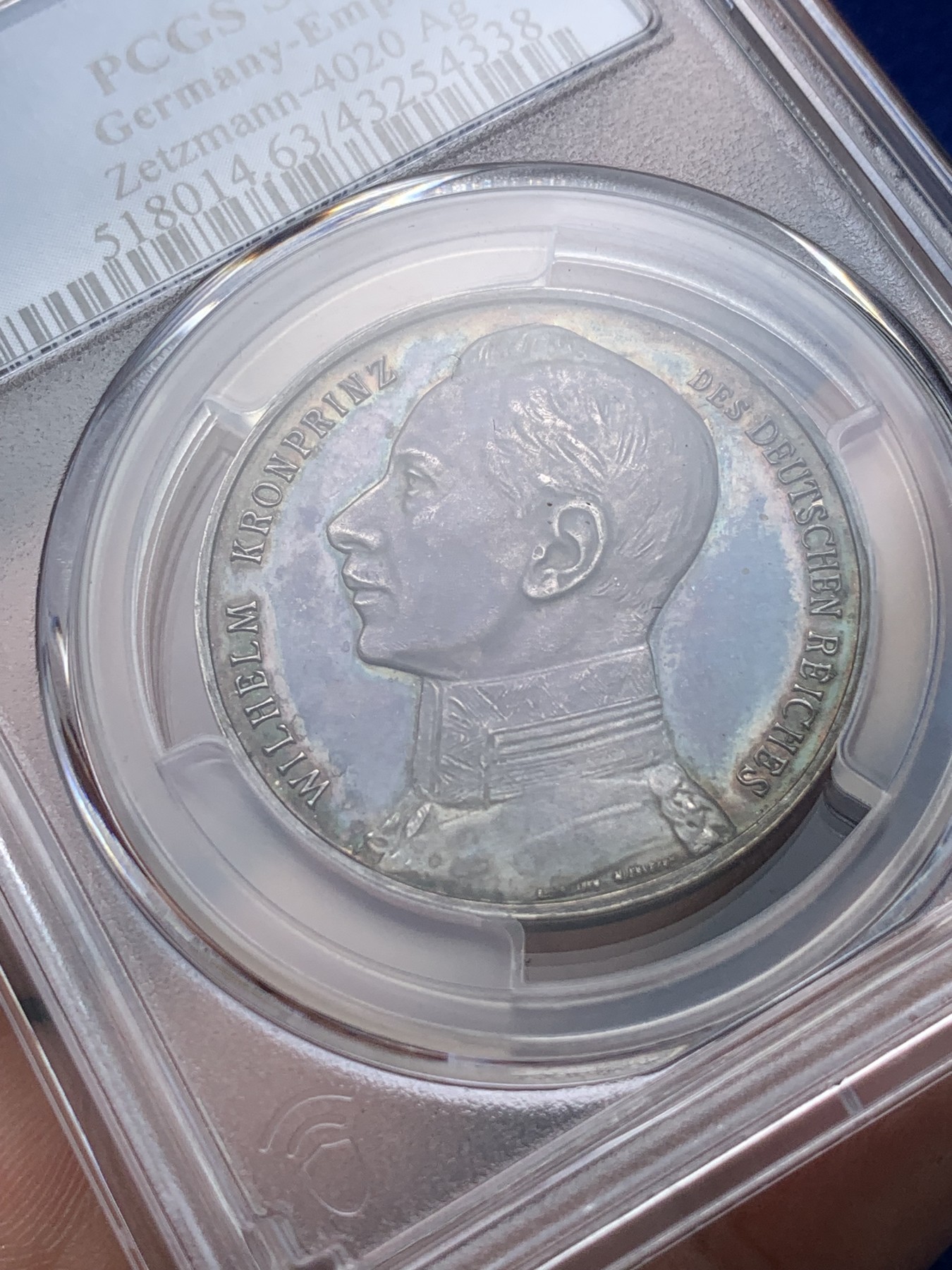 《竞宝斋》第194场-周日，周一 2场 (全场包邮) PCGS-SP63 德皇威廉二世1914年二战纪念银章,镜面幻彩油润包浆，著名雕刻师劳尔作品，收藏级品质