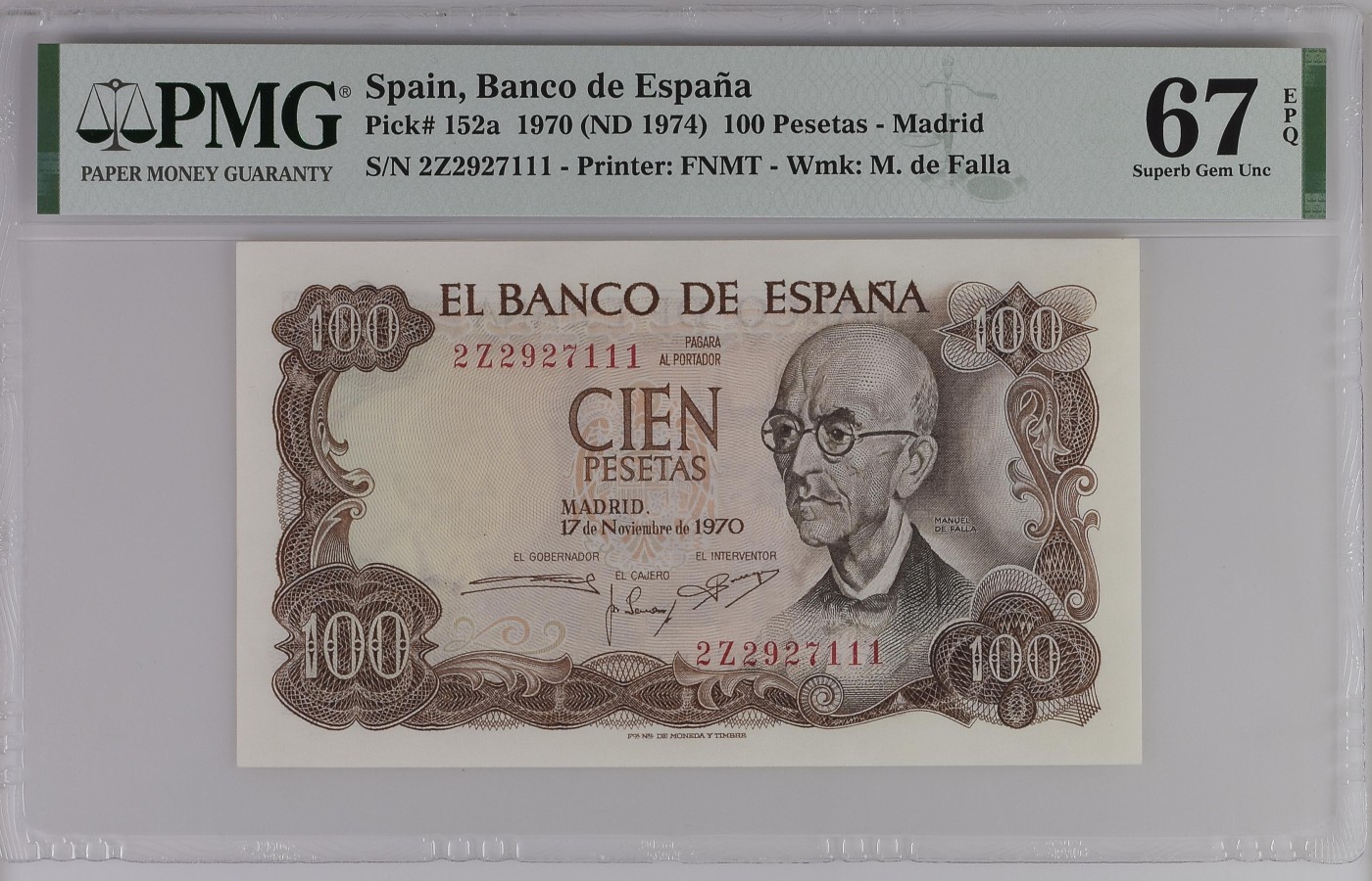 紫瑗钱币——第302期拍卖—纸币场 【豹子号1 PMG 67 EPQ】西班牙 1970(1974)年 曼努埃尔·德法拉 100比塞塔 (P-152a)