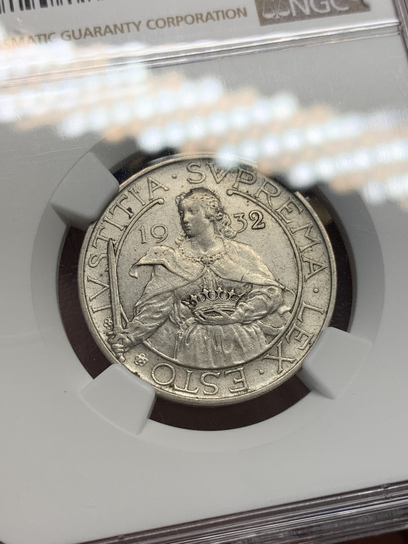 《竞宝斋》第195场-周日，周一 2场 (全场包邮) NGC-AUD 1932年 圣马力诺 早期 10里拉银币 女武士 少见品种