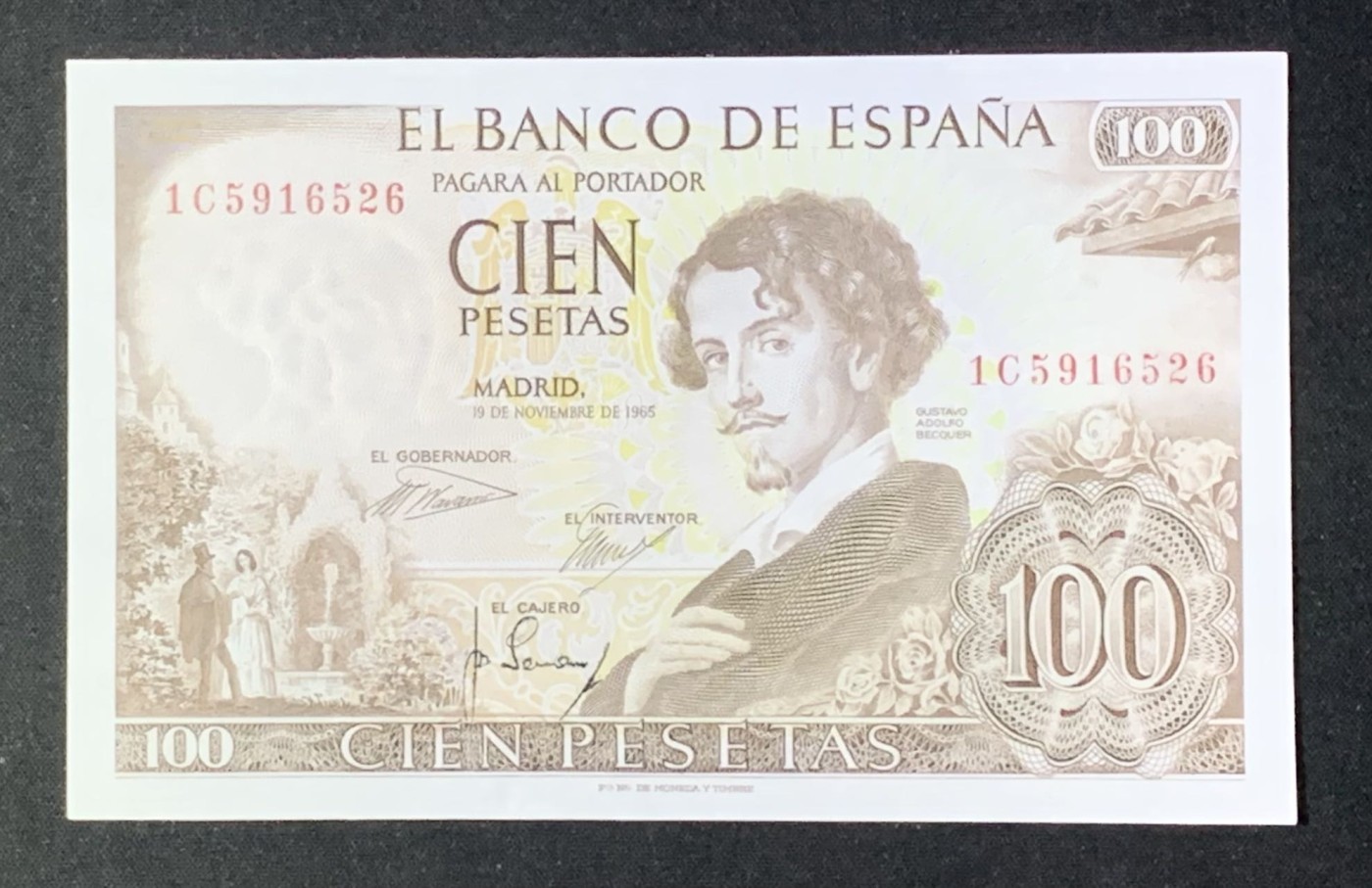 紫瑗钱币——第302期拍卖—纸币场 西班牙 1965年 古斯塔沃·阿道夫·贝克凯尔 100比塞塔 UNC