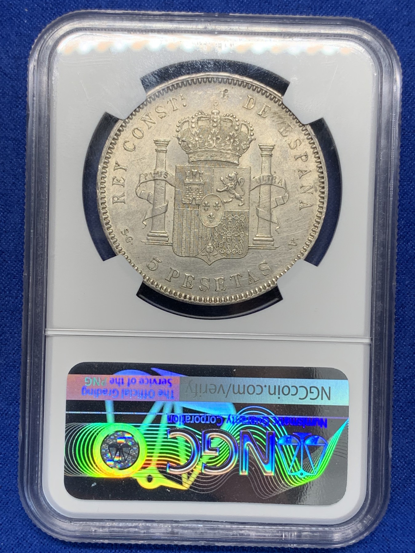 《竞宝斋》第195场-周日，周一 2场 (全场包邮) NGC-AUD 西班牙 1898年 阿方索十三世 5比塞塔银币 带彩 状态还不错