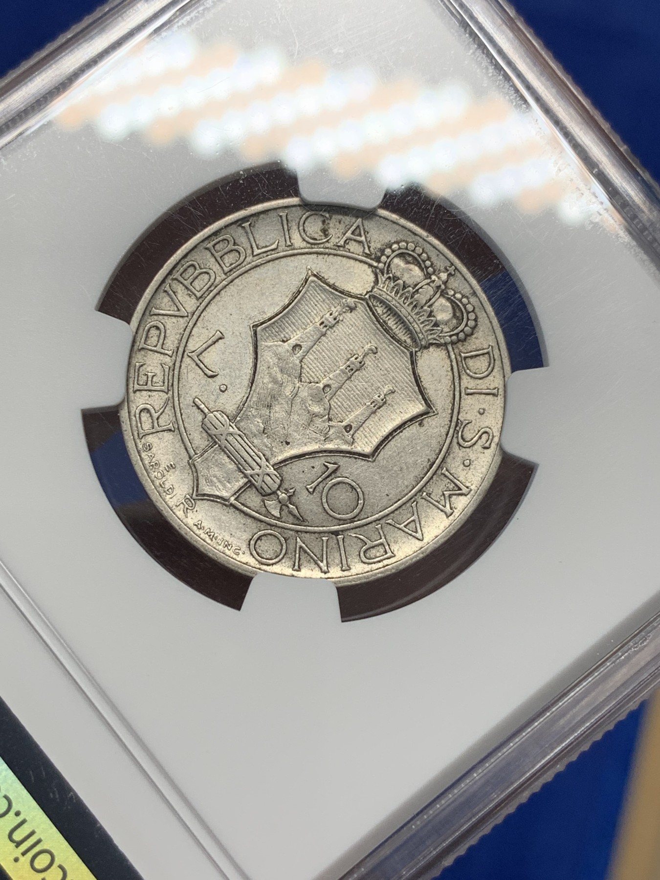 《竞宝斋》第195场-周日，周一 2场 (全场包邮) NGC-AUD 1932年 圣马力诺 早期 10里拉银币 女武士 少见品种