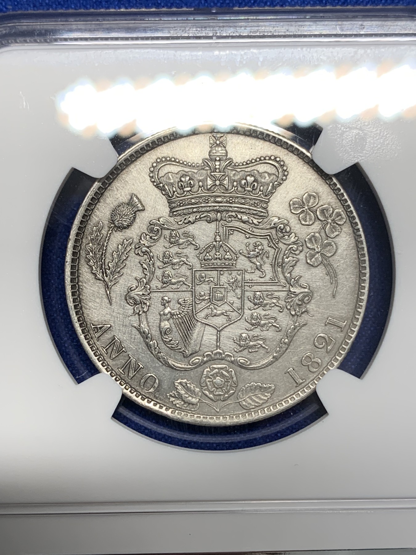 《竞宝斋》第195场-周日，周一 2场 (全场包邮) NGC-AUD 英国乔四三花半克朗 深打细节佳 英系上涨名品 最美半克朗 MS63以上好品已近万