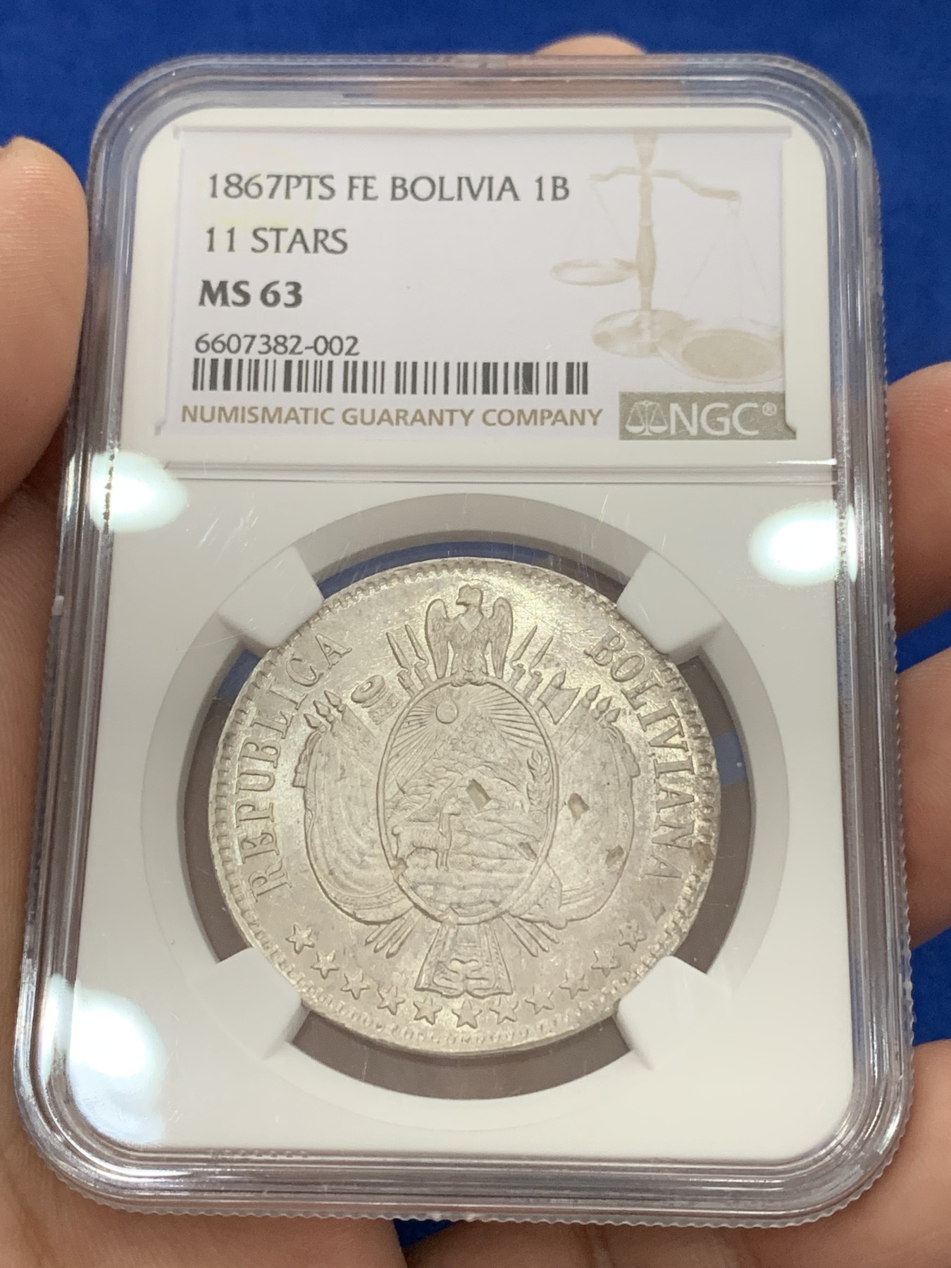 《竞宝斋》第195场-周日，周一 2场 (全场包邮) NGC-MS63 玻利维亚 1867年 1B 大银币 中南美潜力品种 设计漂亮