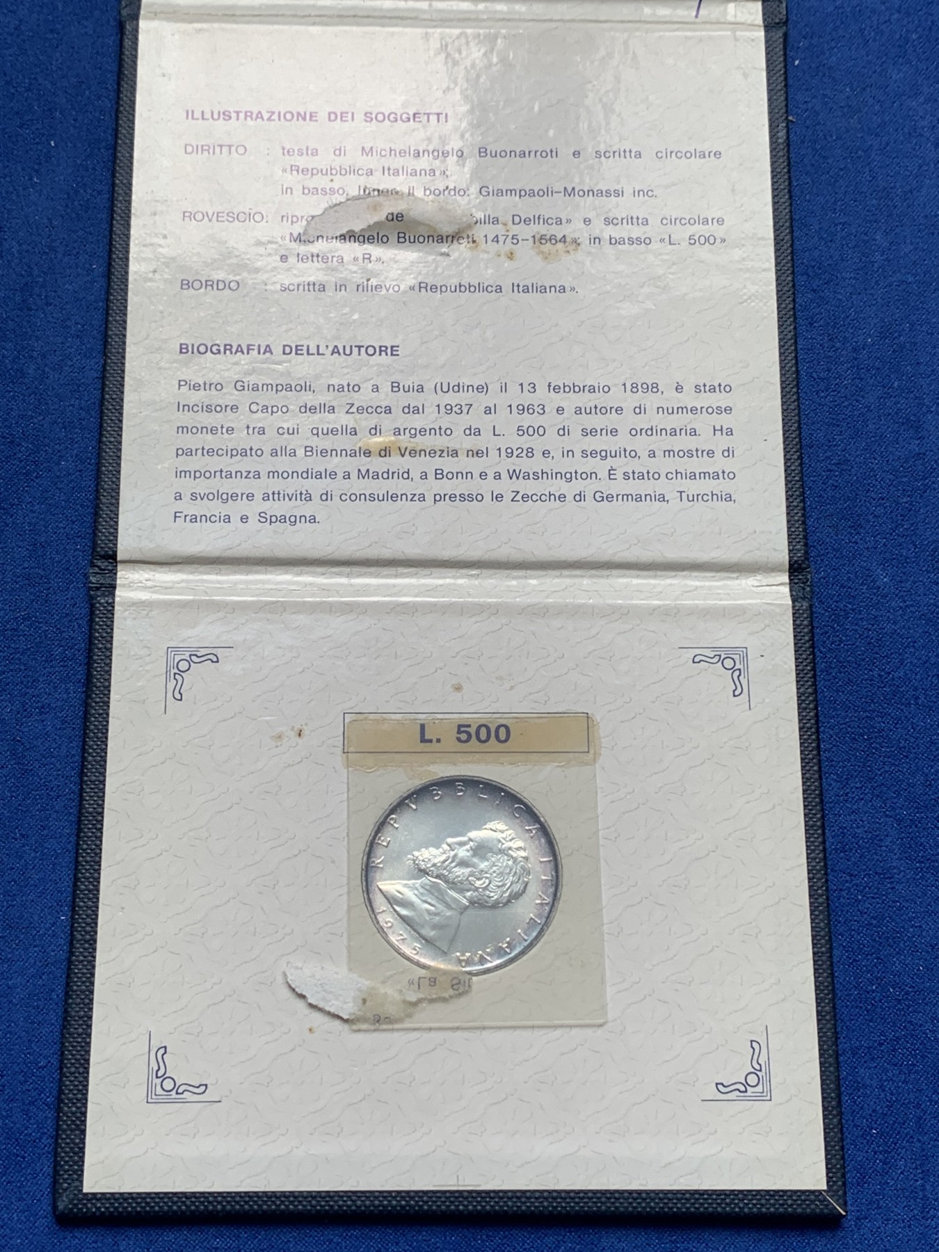 《竞宝斋》第195场-周日，周一 2场 (全场包邮) 卡装 意大利 1975年 米开朗基罗纪念 500里拉银币