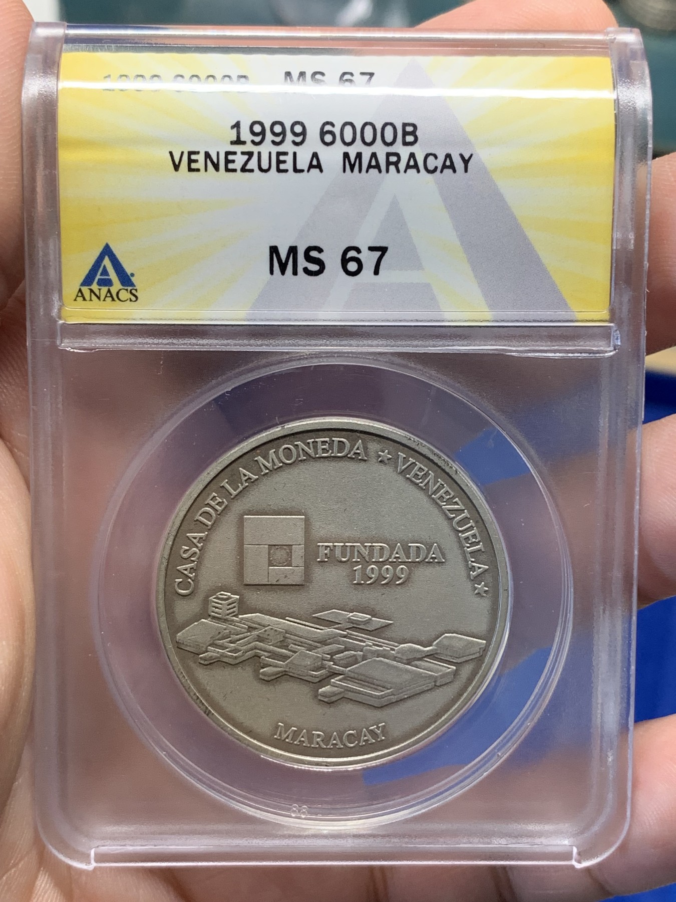 《竞宝斋》第195场-周日，周一 2场 (全场包邮) ANACS 1999年委内瑞拉 MS67 6000玻利瓦尔仿古纪念银币+MS65 3000玻利瓦尔仿古纪念铜币