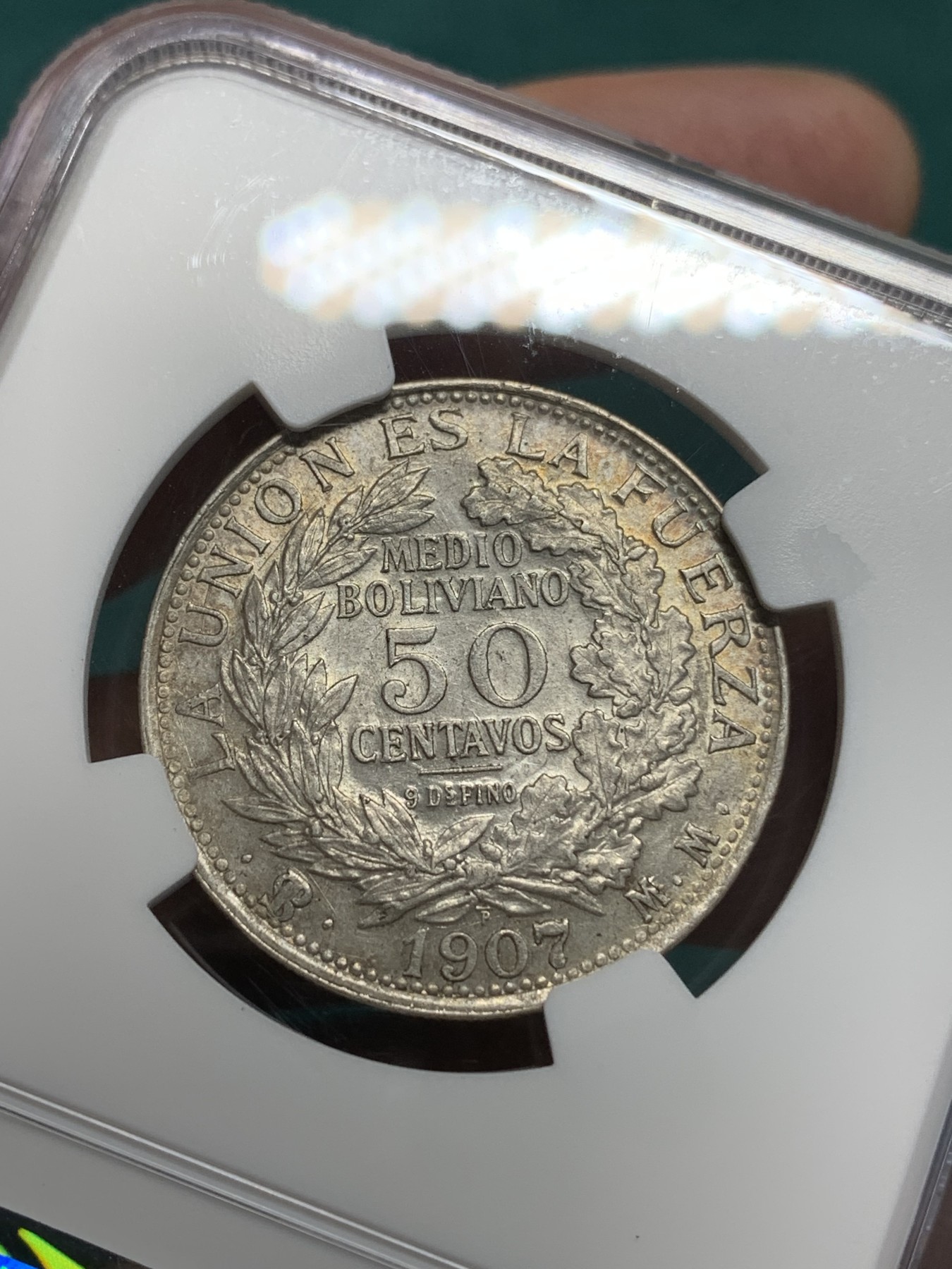 《竞宝斋》第195场-周日，周一 2场 (全场包邮) NGC MS63 玻利维亚1907 PTS  MM 50分半元型银币 少见品种