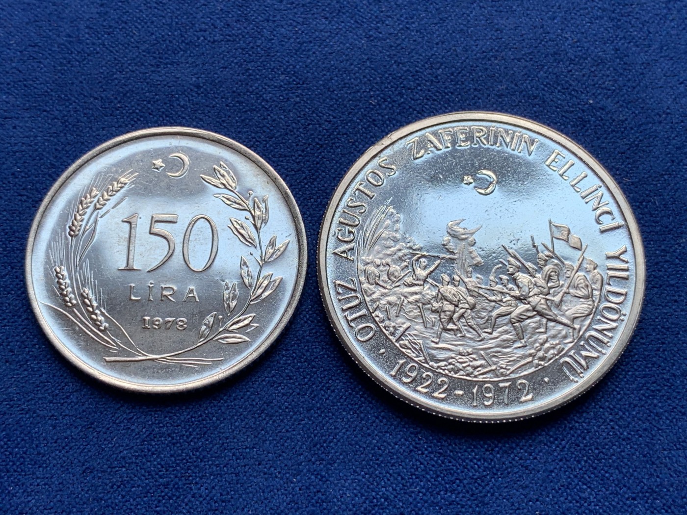《竞宝斋》第195场-周日，周一 2场 (全场包邮) 土耳其精制银币两枚-1978年FAO纪念150里拉精制银币，800银，直径30mm，重量9g。土耳其1972年50里拉精制银币，830银，直径35mm，重量20g