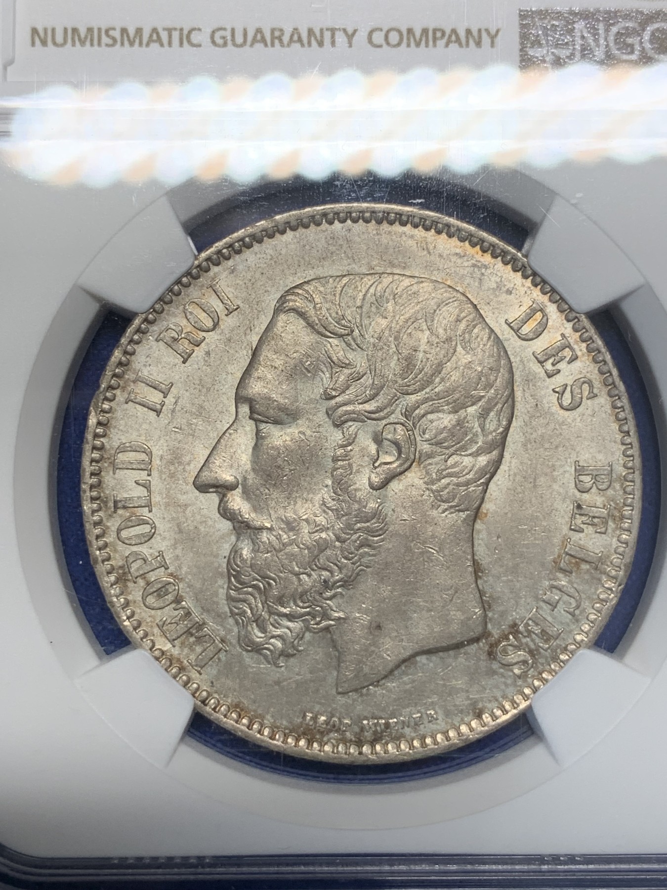 《竞宝斋》第195场-周日，周一 2场 (全场包邮) NGC-MS62 比利时1873年利奥波德二世5法郎大银币 带有粉光 状态难得 好品已有上涨 值得入手