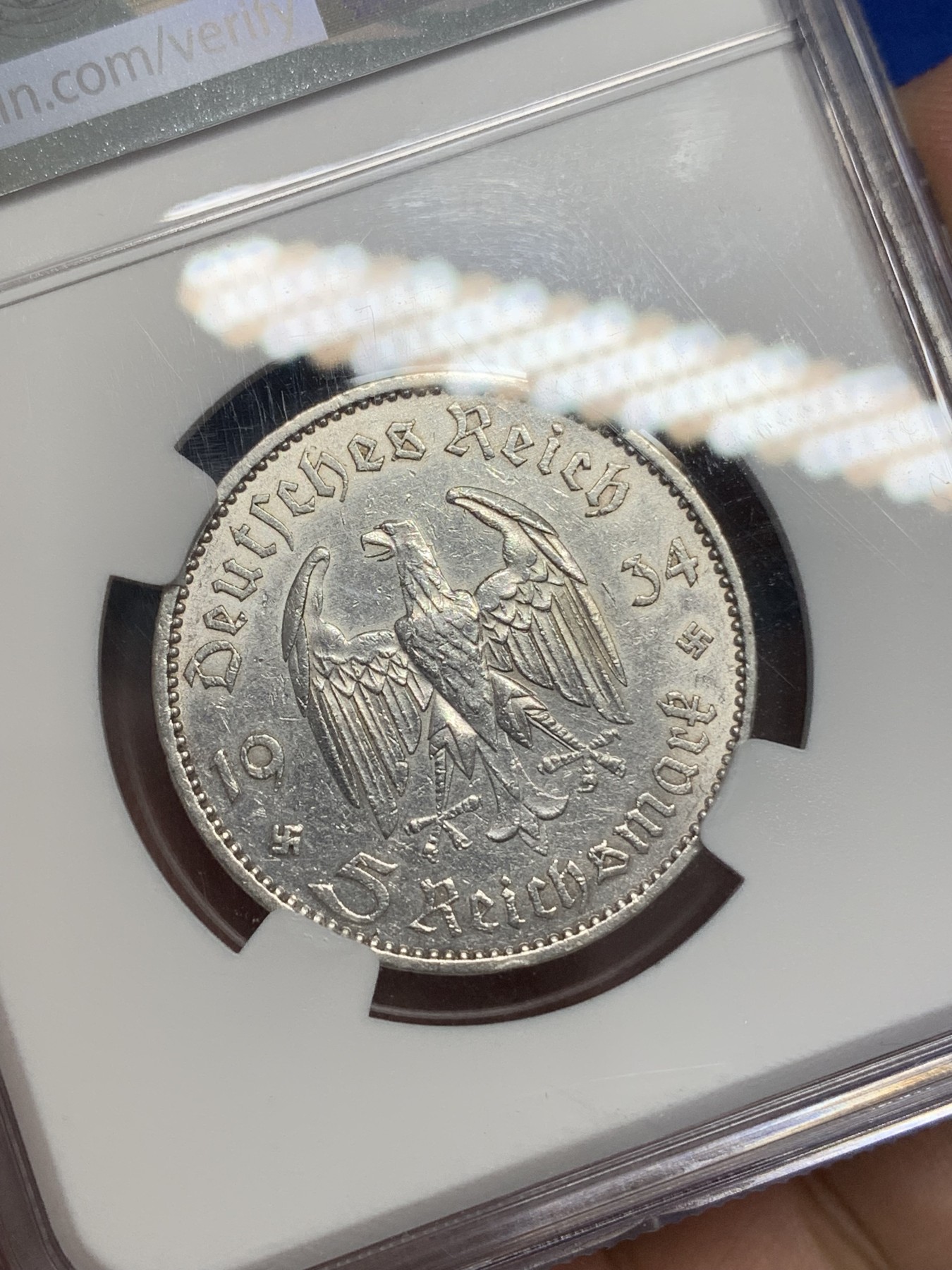 《竞宝斋》第195场-周日，周一 2场 (全场包邮) NGC-AUD 德国1934A 教堂加字版5马克 德三名品 带弱转光