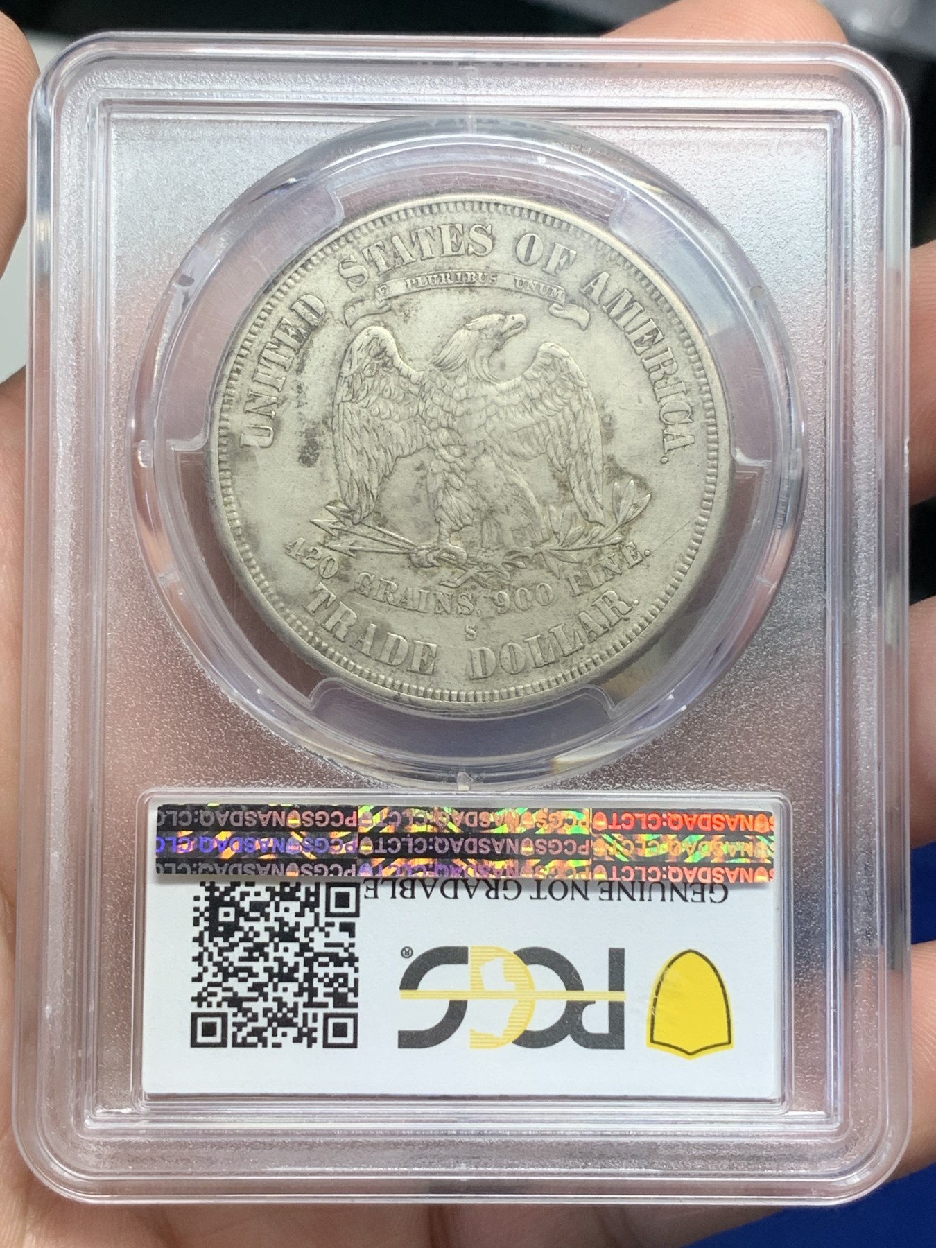 《竞宝斋》第195场-周日，周一 2场 (全场包邮) PCGS  XF  美国1875-S拿花贸易银币