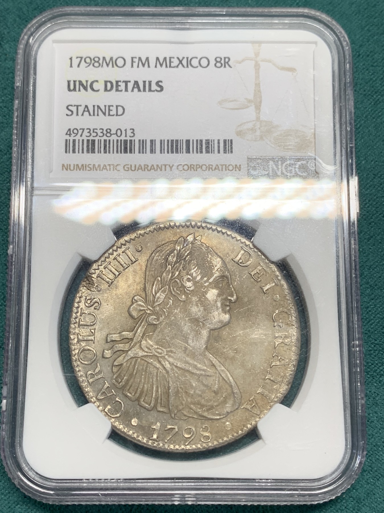 《竞宝斋》第195场-周日，周一 2场 (全场包邮) NGC UNC 西属墨西哥 1798 MO FM 人像双柱 卡四 8瑞尔大银币