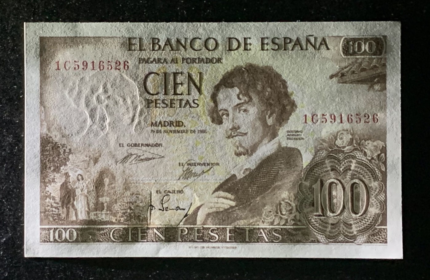 紫瑗钱币——第302期拍卖—纸币场 西班牙 1965年 古斯塔沃·阿道夫·贝克凯尔 100比塞塔 UNC