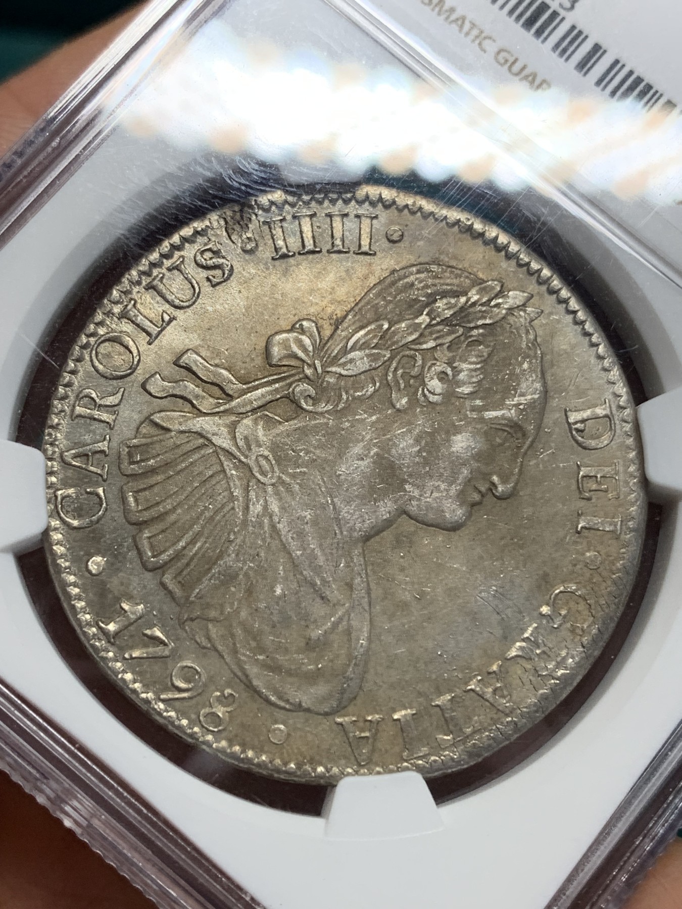 《竞宝斋》第195场-周日，周一 2场 (全场包邮) NGC UNC 西属墨西哥 1798 MO FM 人像双柱 卡四 8瑞尔大银币