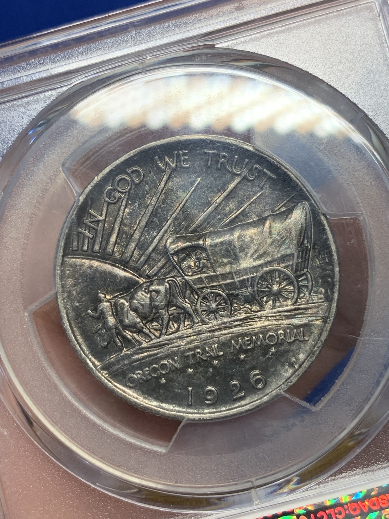 《竞宝斋》第195场-周日，周一 2场 (全场包邮) PCGS-MS64 美国 1926年 半美元银币 俄勒冈小道 土著人+大篷车经典设计 少见双面黑包浆