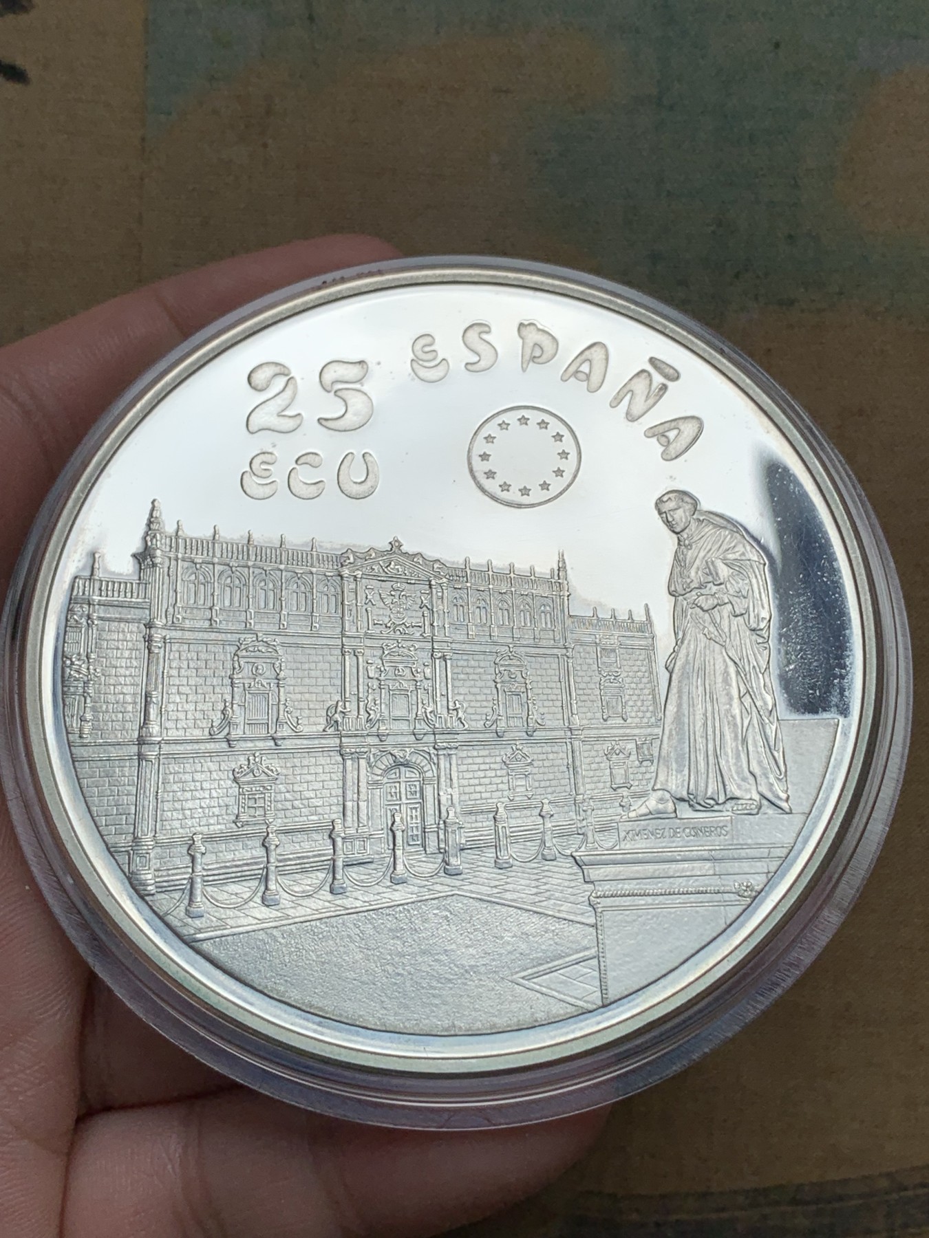 《竞宝斋》第195场-周日，周一 2场 (全场包邮) 西班牙1994年25ECU精制大银币  原盒证书 少见 168.75克 925银 比5盎司还大