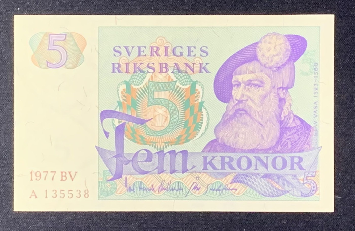 紫瑗钱币——第302期拍卖—纸币场 瑞典 1977年 瑞典银行 古斯塔夫一世 5克朗 深字 UNC