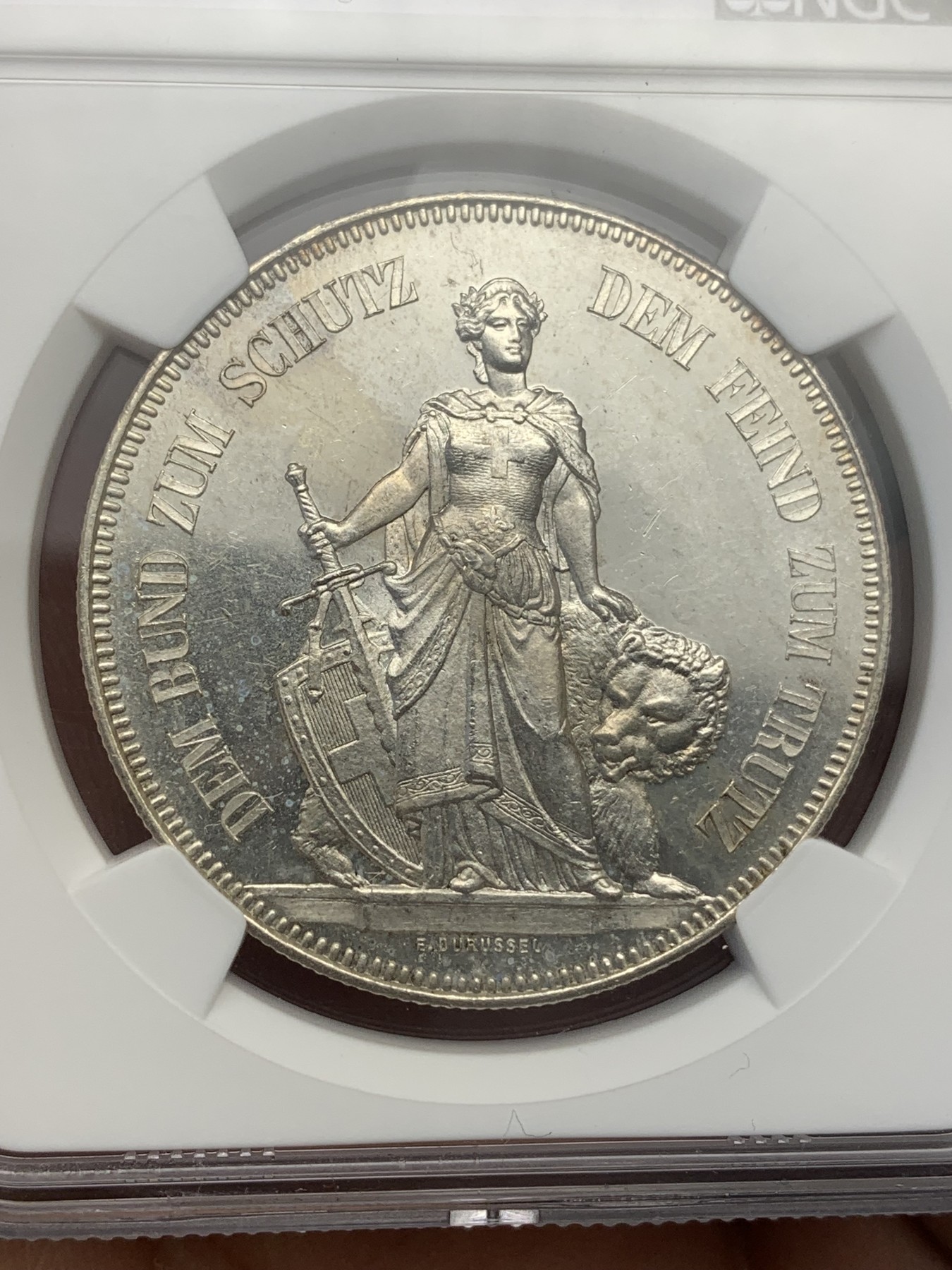 《竞宝斋》第195场-周日，周一 2场 (全场包邮) NGC-MS63PL 瑞士伯尔尼 1885年 射击节 5法郎 银币 经典美女与野兽设计 射击节PL少见 镜面感无敌