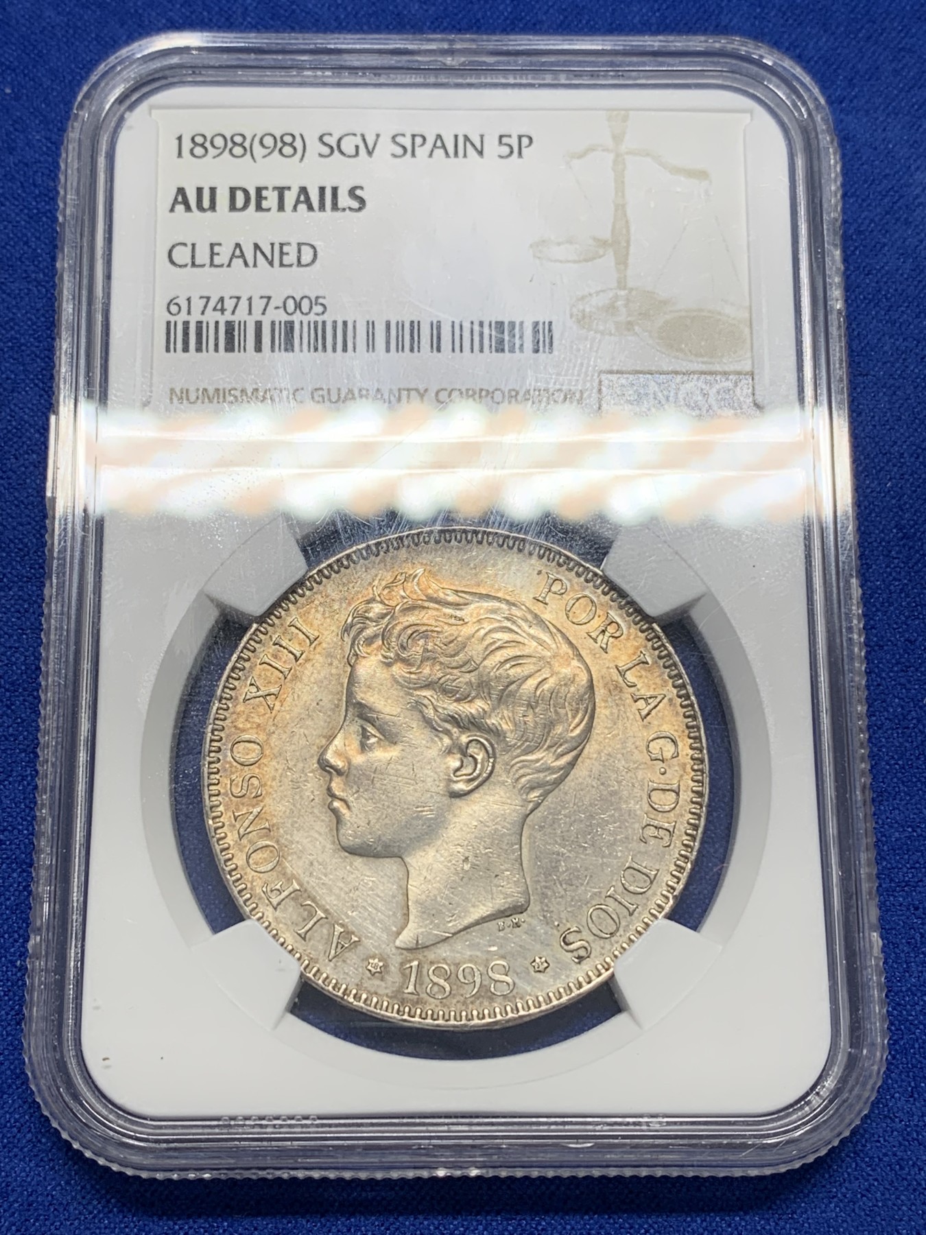 《竞宝斋》第195场-周日，周一 2场 (全场包邮) NGC-AUD 西班牙 1898年 阿方索十三世 5比塞塔银币 带彩 状态还不错