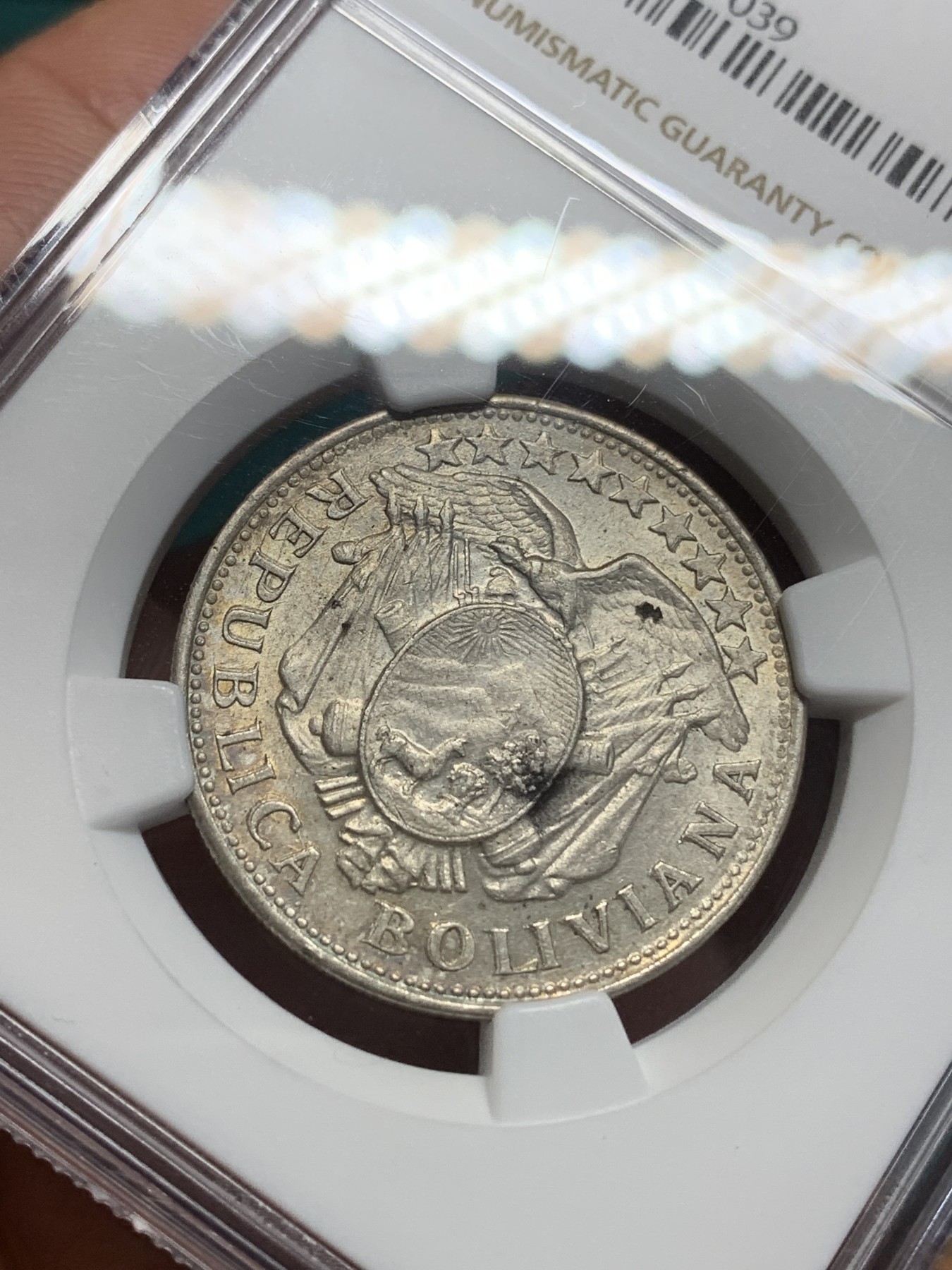 《竞宝斋》第195场-周日，周一 2场 (全场包邮) NGC MS63 玻利维亚1907 PTS  MM 50分半元型银币 少见品种