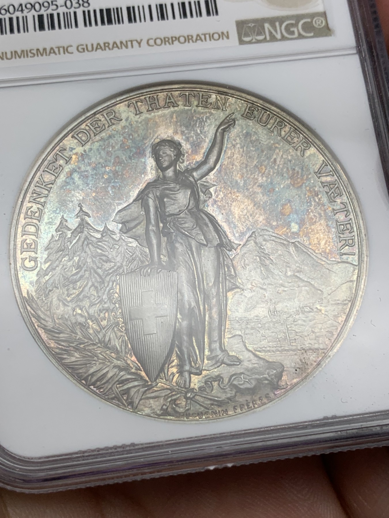 《竞宝斋》第195场-周日，周一 2场 (全场包邮) NGC-MS63 1892 瑞士 格拉鲁斯 大规格 深浮雕射击节 银章PL 五彩底板