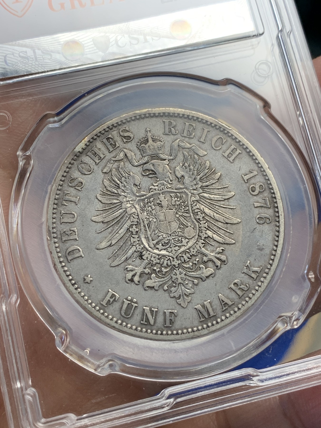 《竞宝斋》第195场-周日，周一 2场 (全场包邮) CSIS XF45 德国1876年普鲁士威廉一世5马克短翅鹰银币